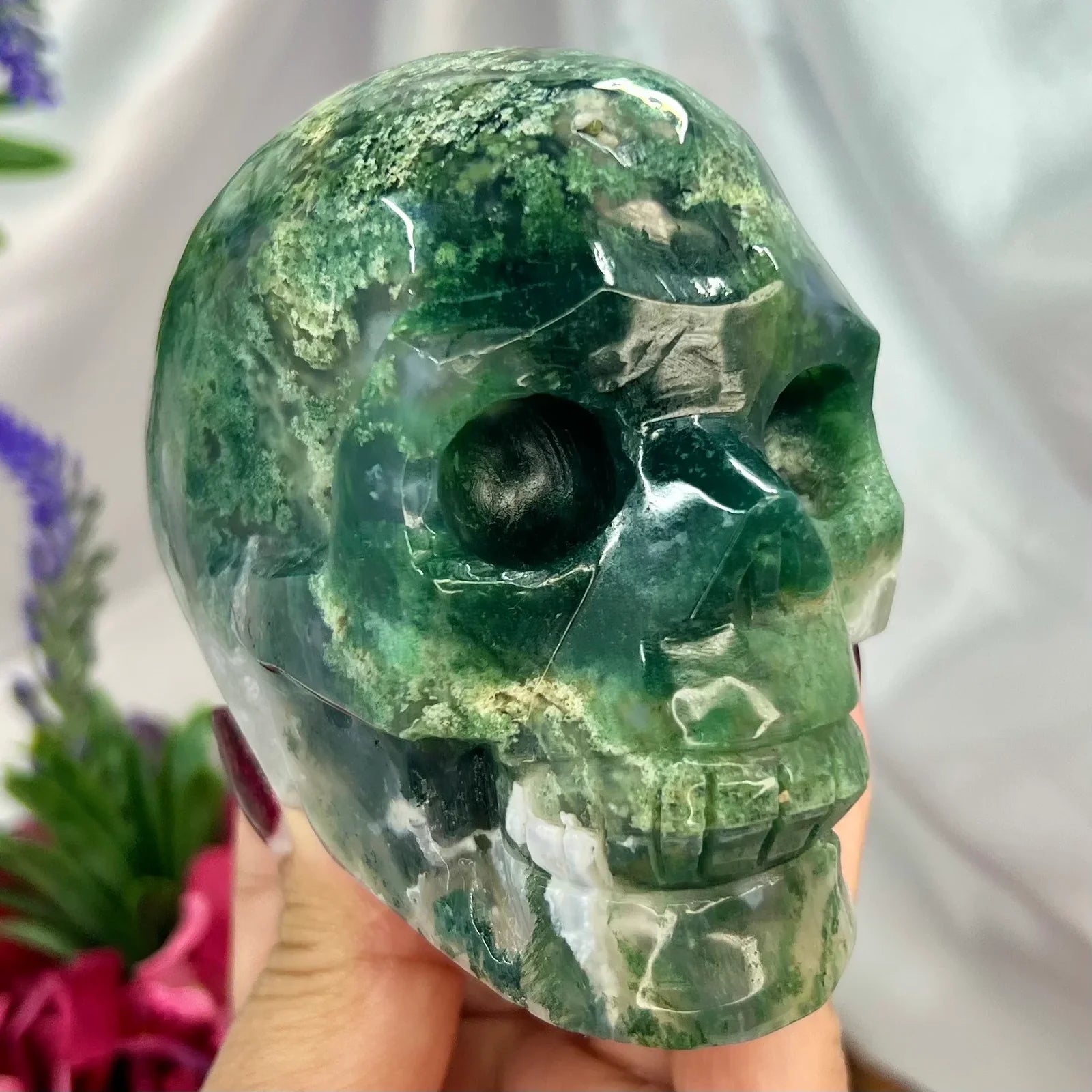 Natural Green Moss Agate Carved Skull Druzy Crystal Geode - Healing Stone for Meditation, Witchcraft & Home Decor - Unique Spiritual Decor for Altars, Gifts & Gothic Interior Design