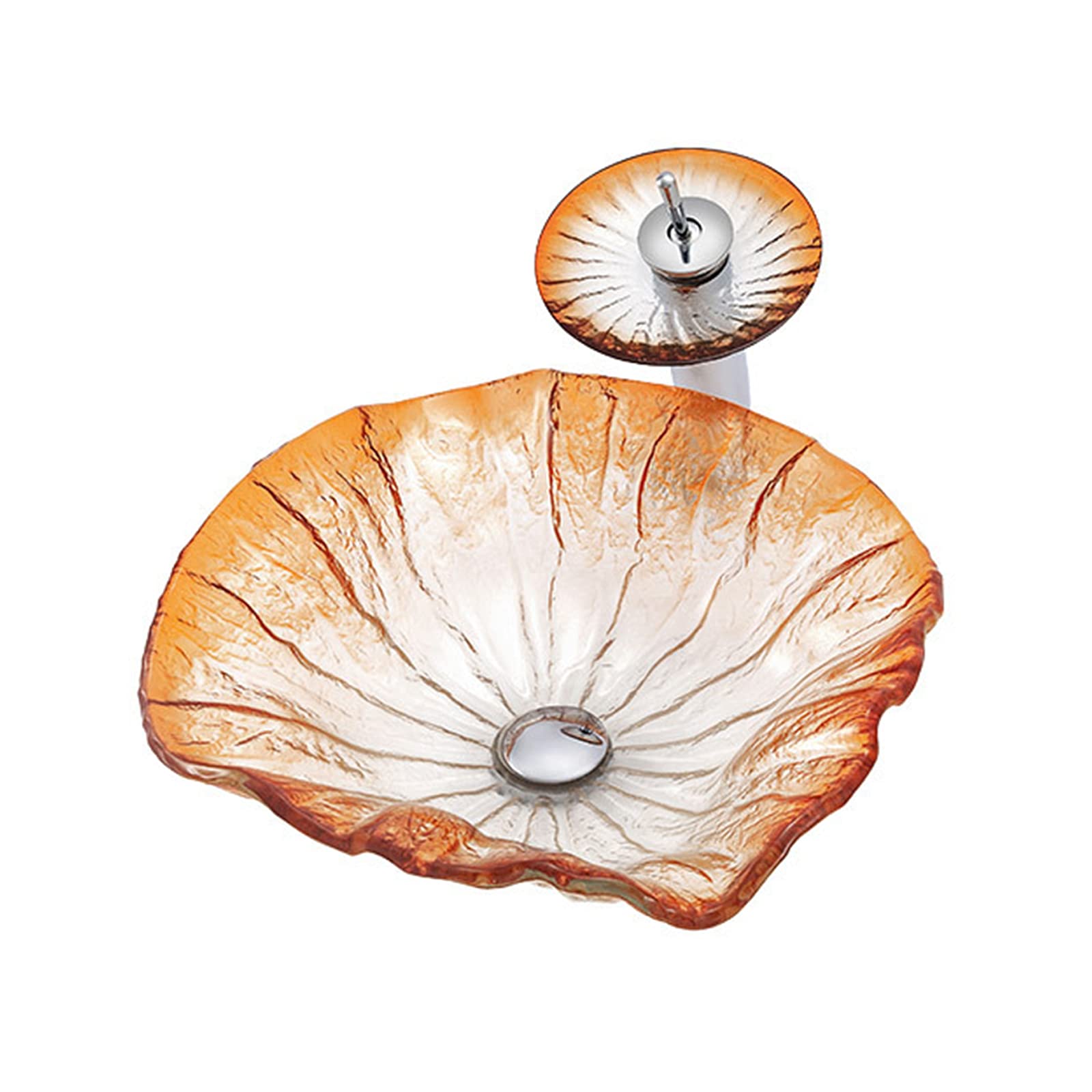 TANKE Hand-Painted Tempered Glass Vessel Sink for Bathroom Vanity - Artistic Orange Countertop Sink with Pop-Up Drain & Waterfall Faucet - Perfect for Modern Home Decor, Spa Bathrooms & Luxury Hotel Renovations