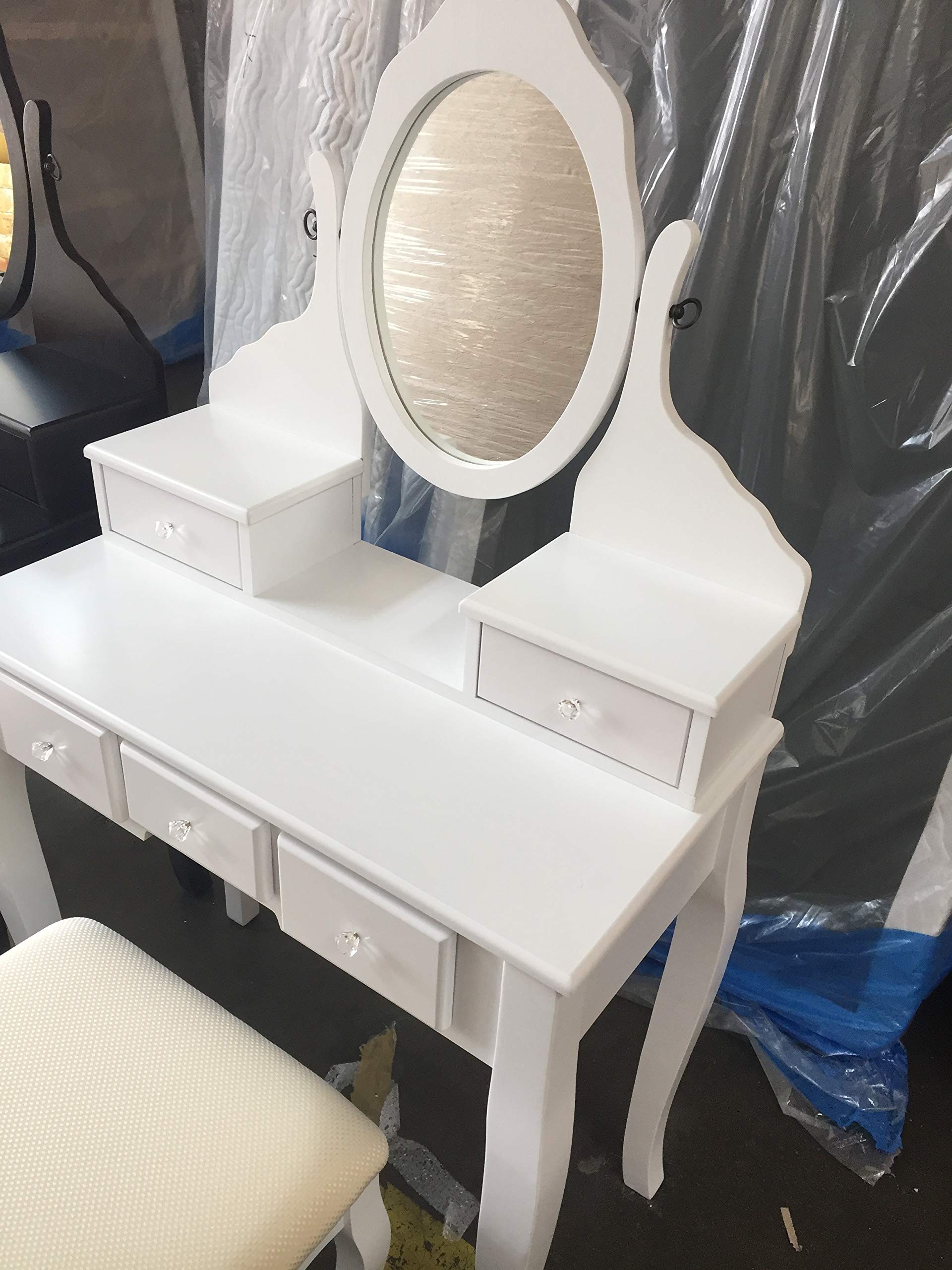 White Wood Makeup Vanity Table Set with Mirror & Stool - Elegant Dressing Table for Bedroom, Bathroom & Salon (Perfect for Makeup, Skincare & Hair Styling)