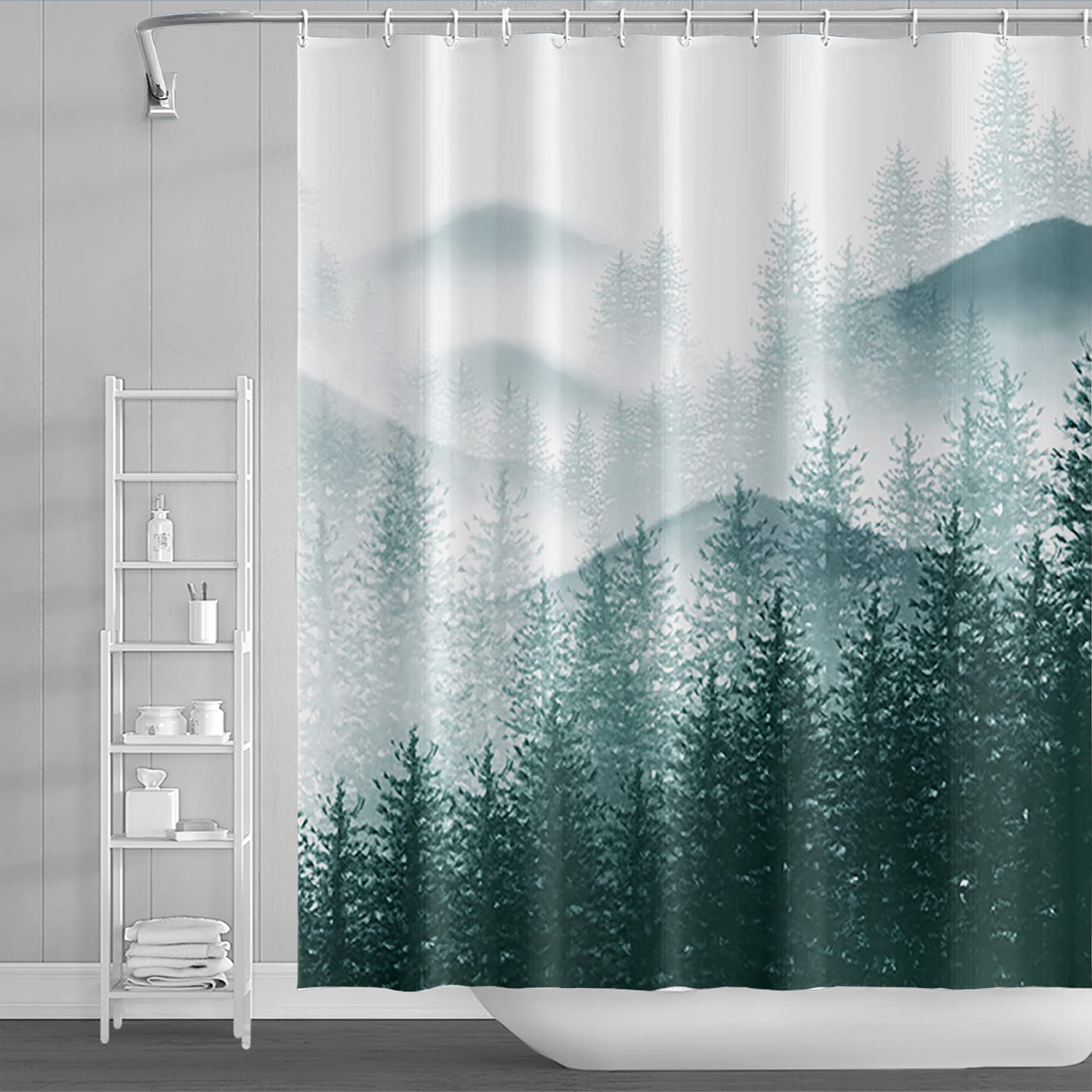 Misty Forest Mountain Waterproof Shower Curtain 71x84 Inches - Foggy Woods Print Bathroom Decor with 12 Hooks | Nature-Inspired Bath Accessories for Spa-Like Relaxation