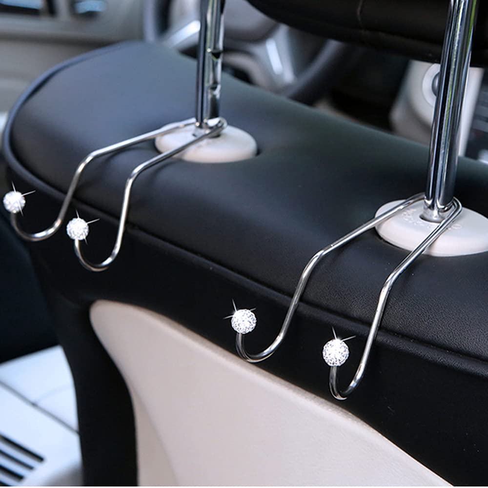 4 Pack Bling Diamond Car Hooks - Universal Headrest Hangers for Purse, Bag & Handbag Organizer | Perfect for Car Seat Storage, Mask Holder & Everyday Essentials Organization