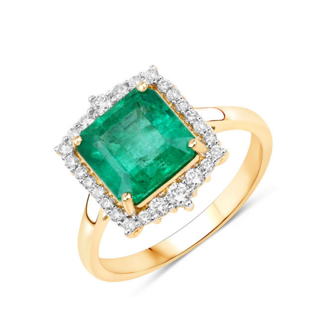 14K Gold Natural Green Zambian Emerald Diamond Halo Ring for Women - Elegant Wedding, Engagement & Anniversary Jewelry Gift