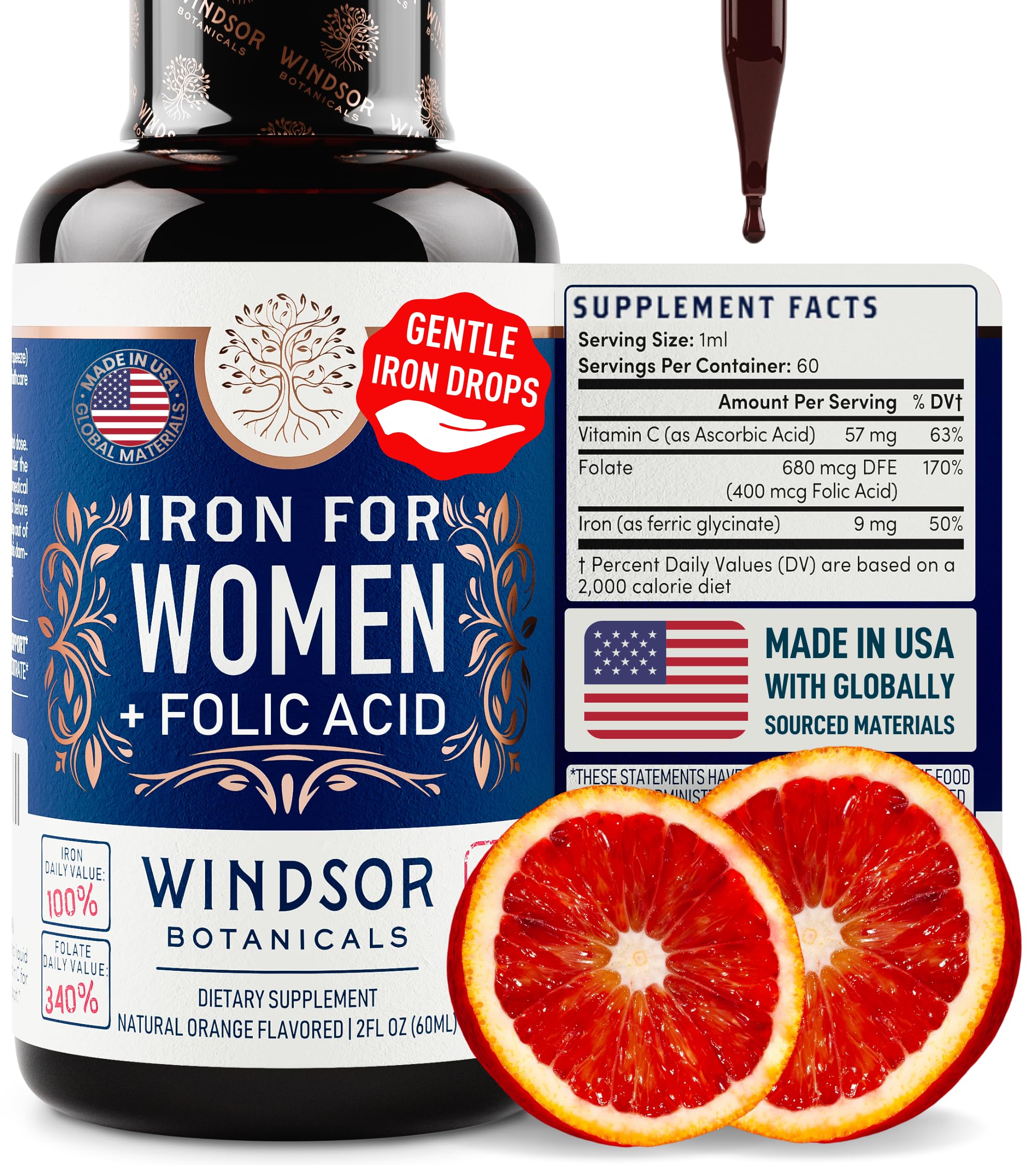 WINDSOR BOTANICALS Liquid Iron Supplement for Anemia with Folic Acid & Vitamin C - Vegan Blood Builder & Gentle Iron Drops for Women - 2 oz Orange Flavor - Supports Energy & Healthy Blood Circulation - Perfect for Pregnancy, Fatigue & Iron Deficiency