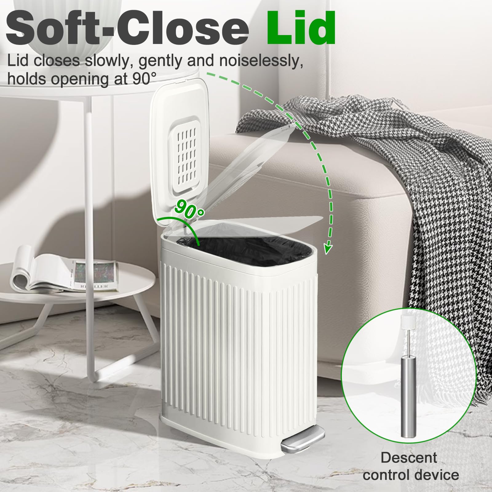 Slim 7L/1.85 Gallon Stainless Steel Bathroom Trash Can with Soft Close Lid & Built-in Air Freshener - Step Pedal Garbage Bin with Removable Inner Bucket for Bathroom, Office, Bedroom (White) - Perfect for Small Spaces & Odor Control