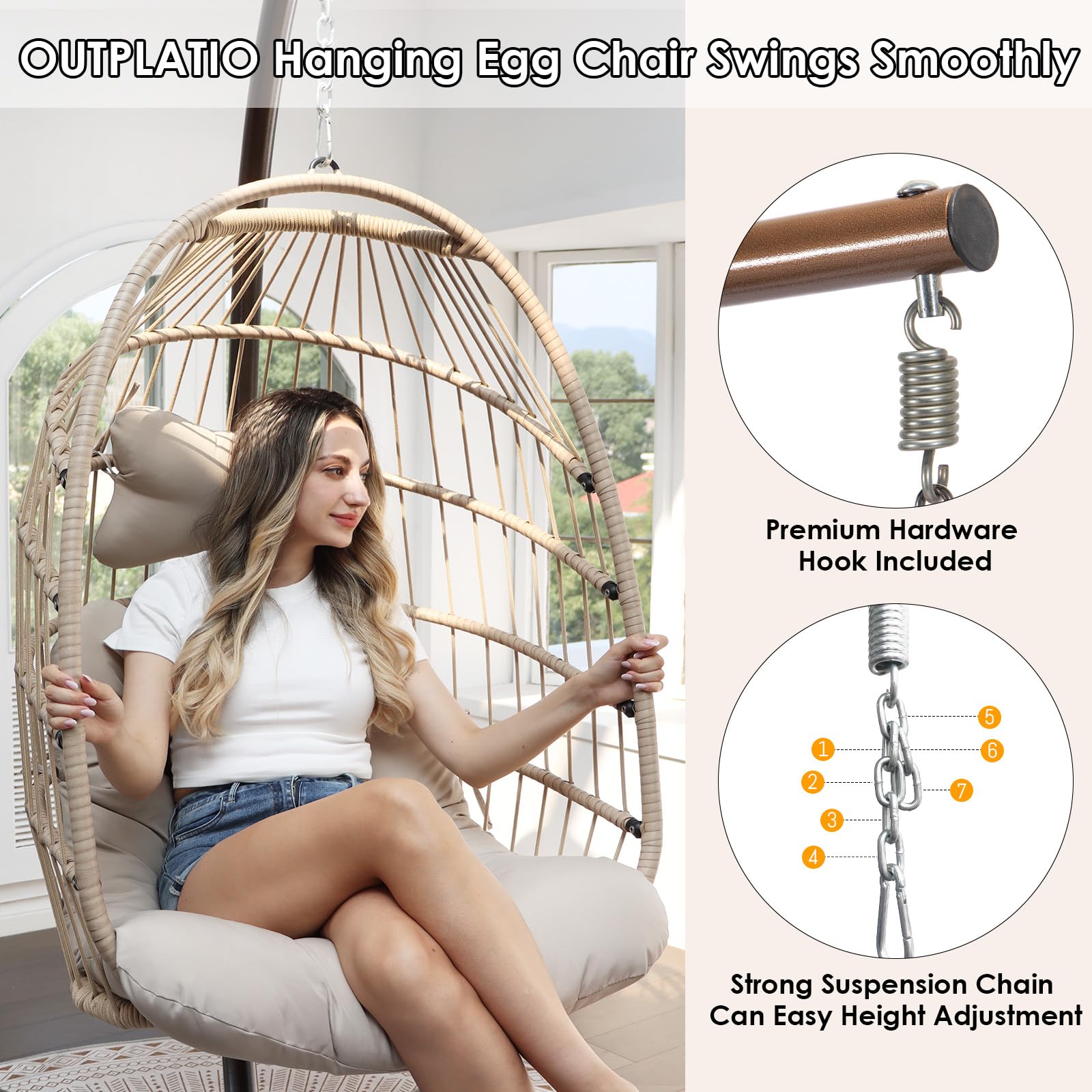 **Hanging Egg Chair with Stand - Outdoor Swinging Chair with Water-Resistant Cushions - Foldable Wicker Basket Chair for Patio, Garden, or Indoor Use - 350 lbs Weight Capacity (Beige, Includes Cover) - Perfect for Relaxing, Lounging, and Enhancing Your Outdoor or Indoor Space**