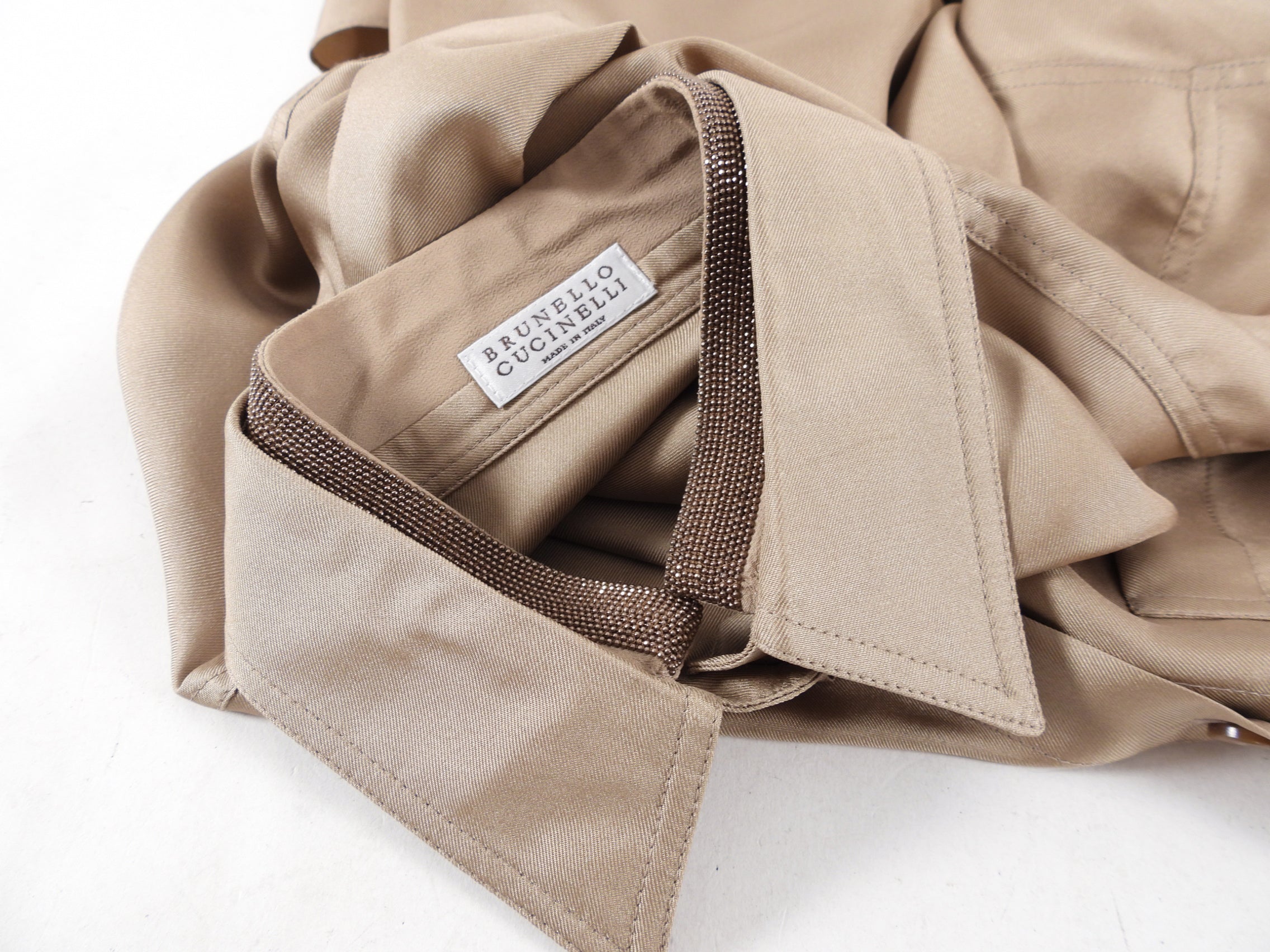 Brunello Cucinelli Light Brown Silk Monili Collar Shirt for Women - XS Size | Elegant Silk Blouse for Office, Party & Special Occasions