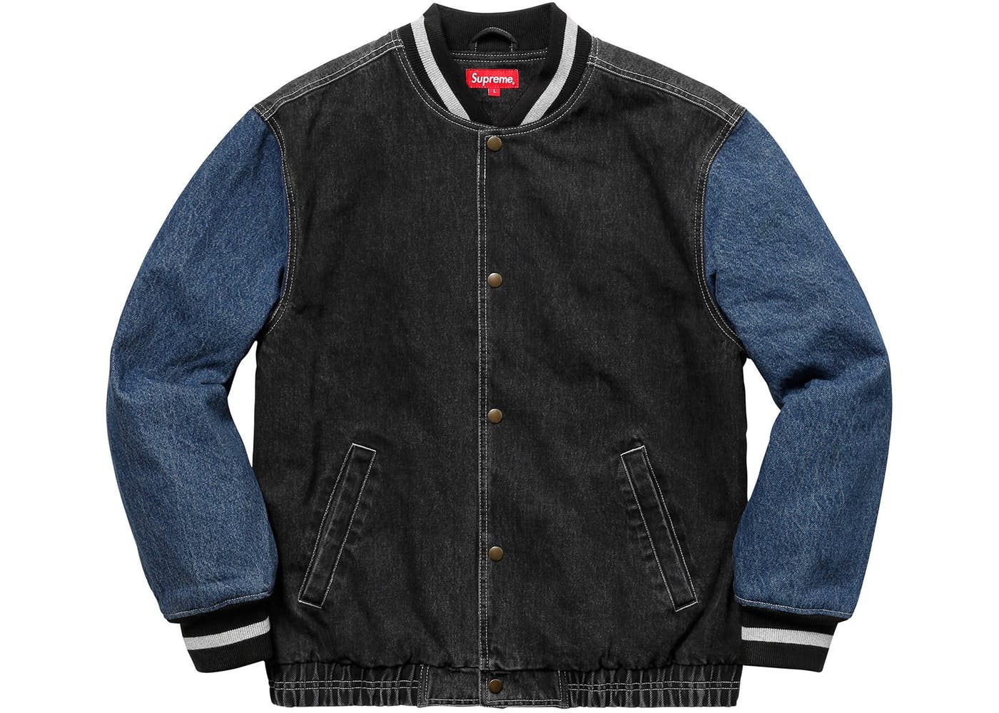 Supreme Black Denim Varsity Jacket for Men - Stylish Casual Outerwear for Streetwear, Hip Hop Fashion & Urban Lifestyle