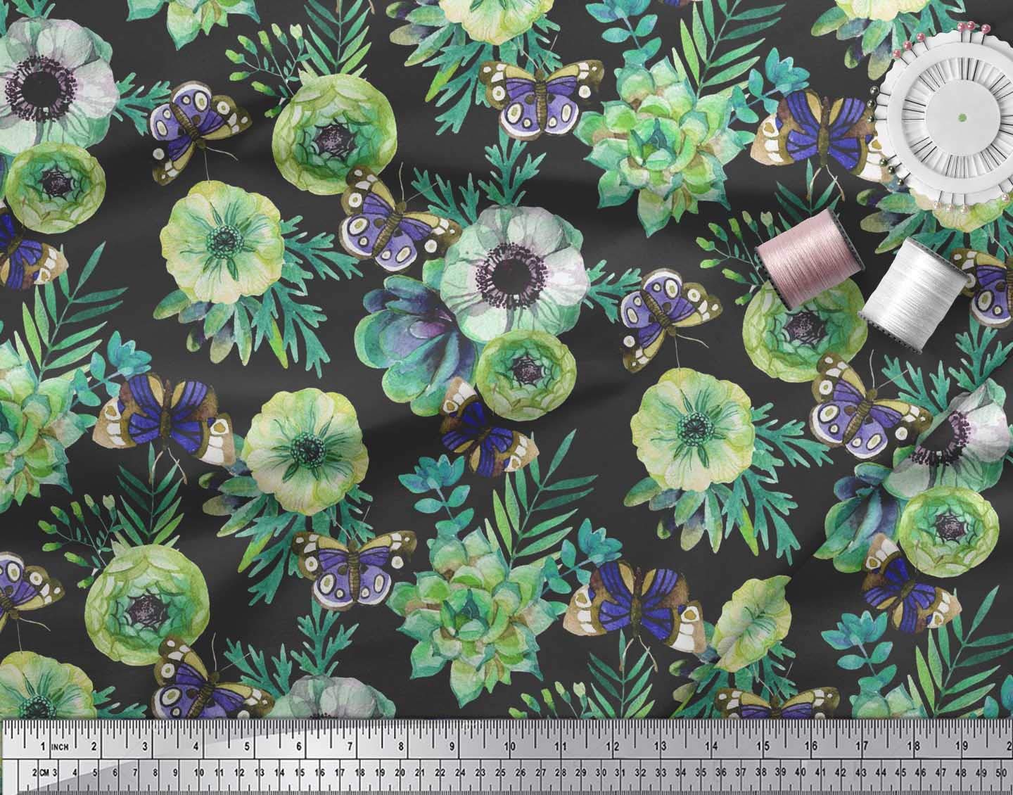 Soimoi Poly Georgette Green Fabric by The Yard - 52 Inch Wide Floral Print Fabric with Leaves & Anemone Design - Elegant Printed Fabric for Dresses, Scarves, Curtains and DIY Fashion Projects