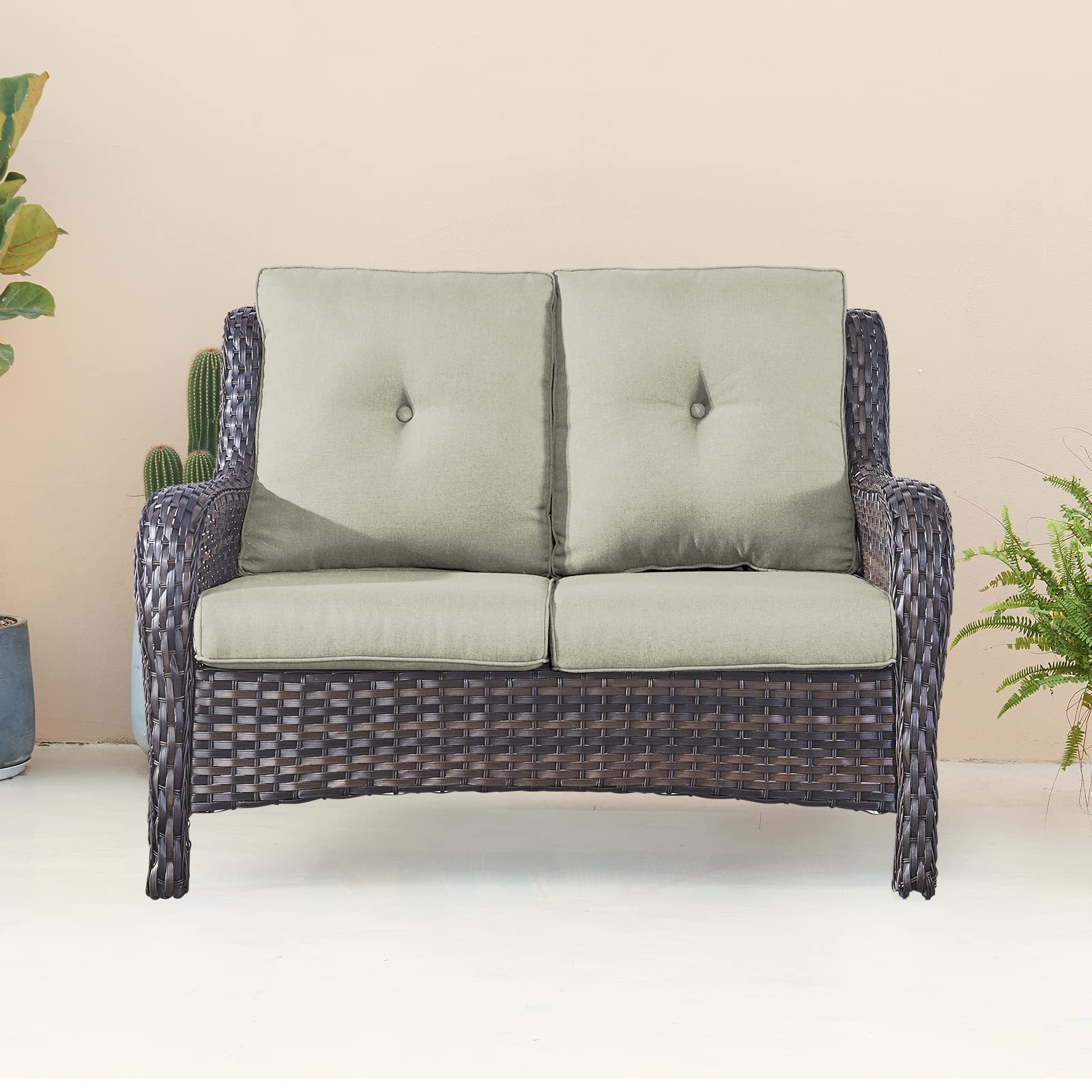 Outdoor Loveseat Patio Furniture - 2 Seater Wicker Sofa with Cushions, Brown Rattan Settee for Garden, Balcony, Porch & Backyard - Perfect for Small Spaces, Couples & Single-Family Homes