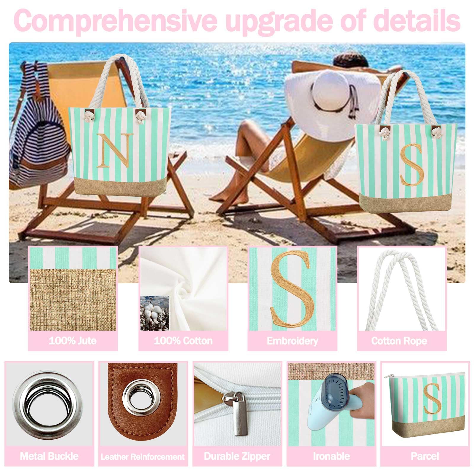 Personalized Initial Beach Tote Bag for Women - Large Zippered Makeup & Travel Tote - Perfect Gift for Bride, Mom, Wife, Teacher, Sister - Great for Beach Trips, Weddings & Daily Use