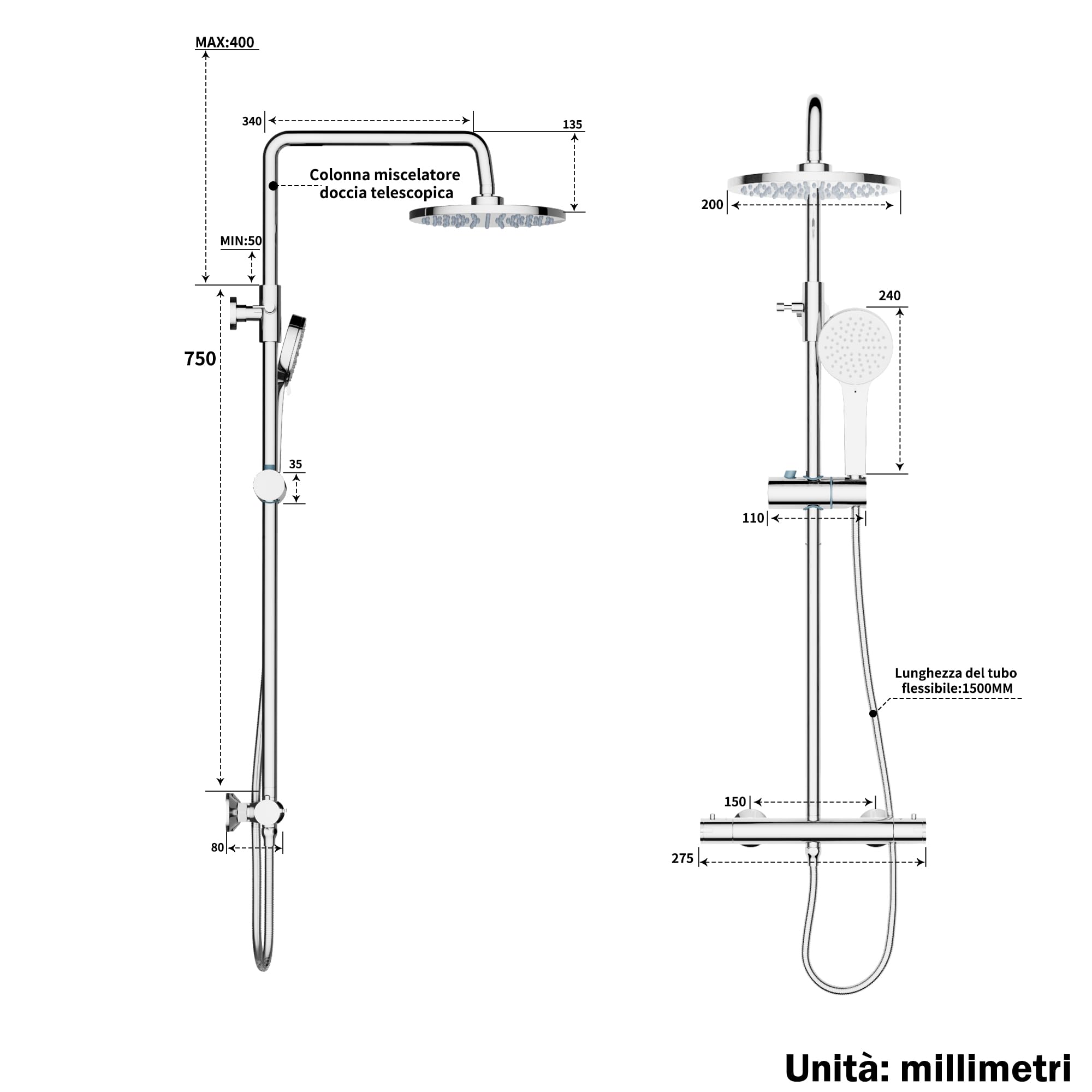 PURAGEIR Adjustable Height Shower Column System with Mixer & 22x22cm Shower Head - Chrome Finish for Bathroom & Spa Relaxation (75-115cm Height Range)