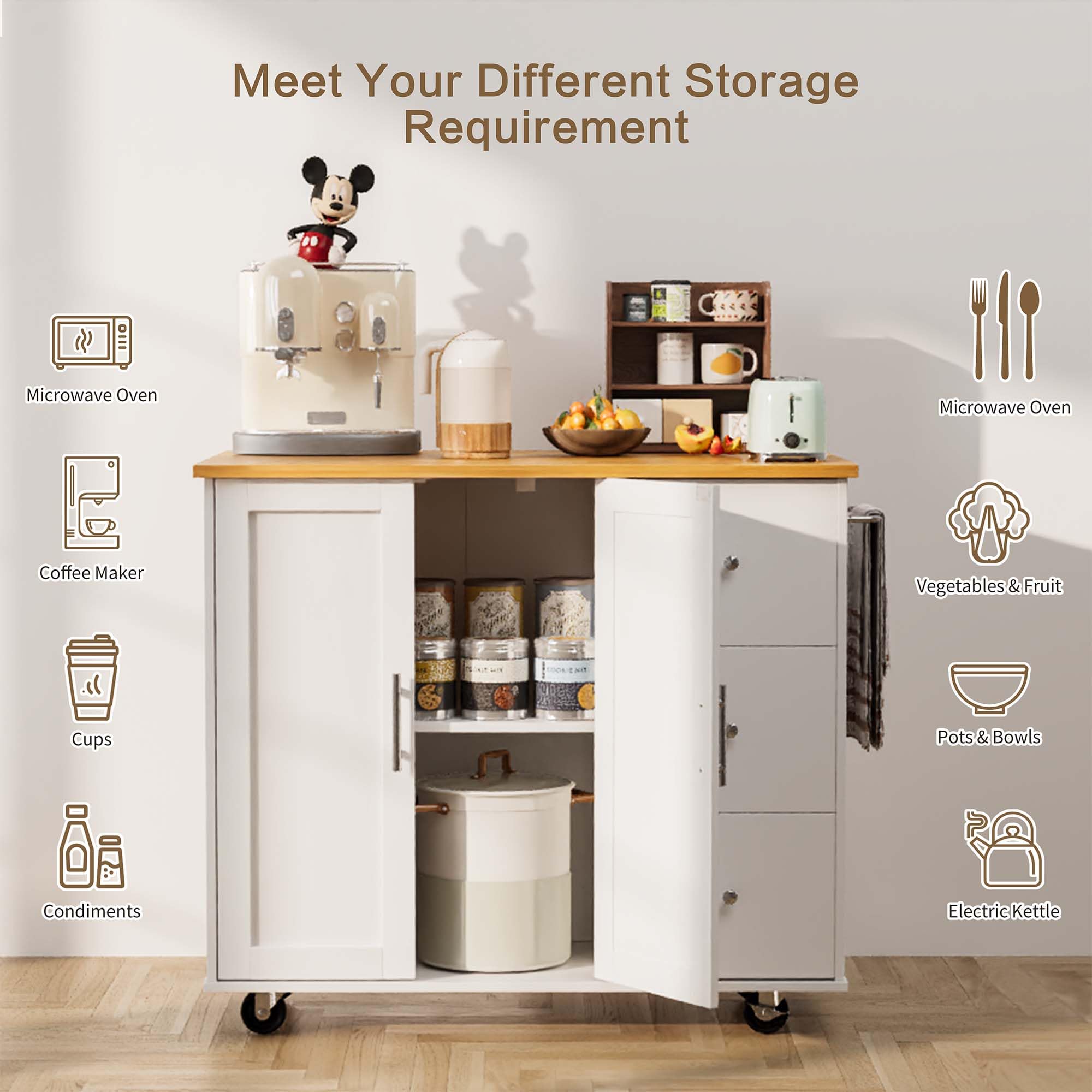 SUNLEI 39.7-Inch White Kitchen Island Cart on Wheels with Storage Cabinet & Foldable Drop Leaf - Portable Rolling Kitchen Table with Towel Handle - Perfect for Small Kitchens, Apartments & Dining Room Prep