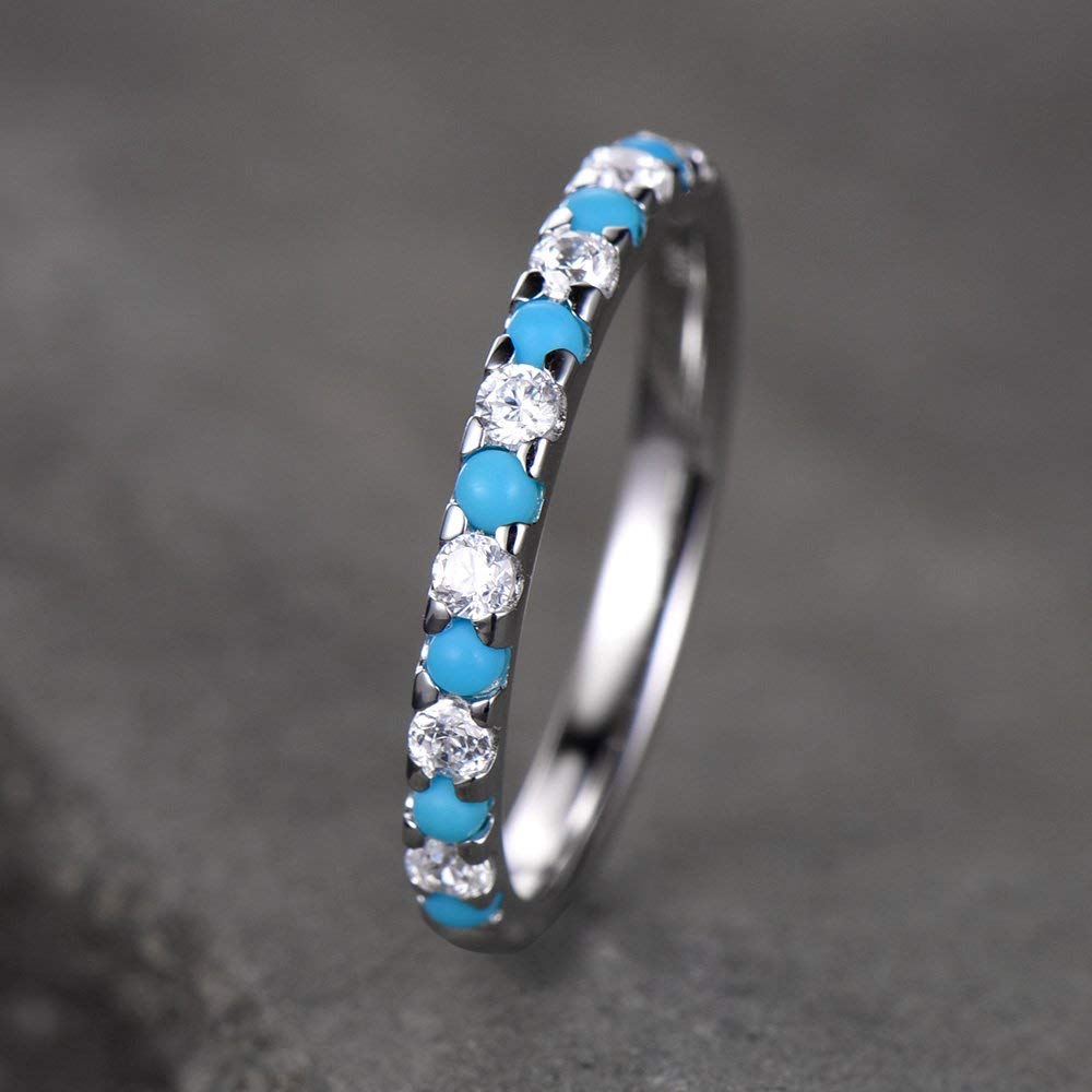 Turquoise Half Eternity Wedding Band - Sterling Silver CZ Diamond Anniversary Ring (White Gold Plated) - Perfect for Bridal Jewelry, Engagement Gift & Matching Wedding Sets