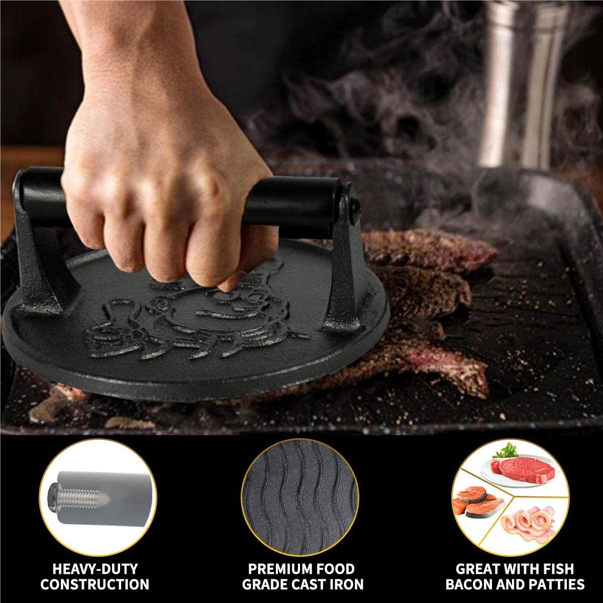 Heavy Duty 6 Inch Cast Iron Smash Burger Press with Heat Insulation Handle - Bacon Press, Sandwich Press & Round Grill Press for Griddle - Includes 50 PC Patty Papers - Perfect for BBQ, Backyard Grilling & Restaurant Use