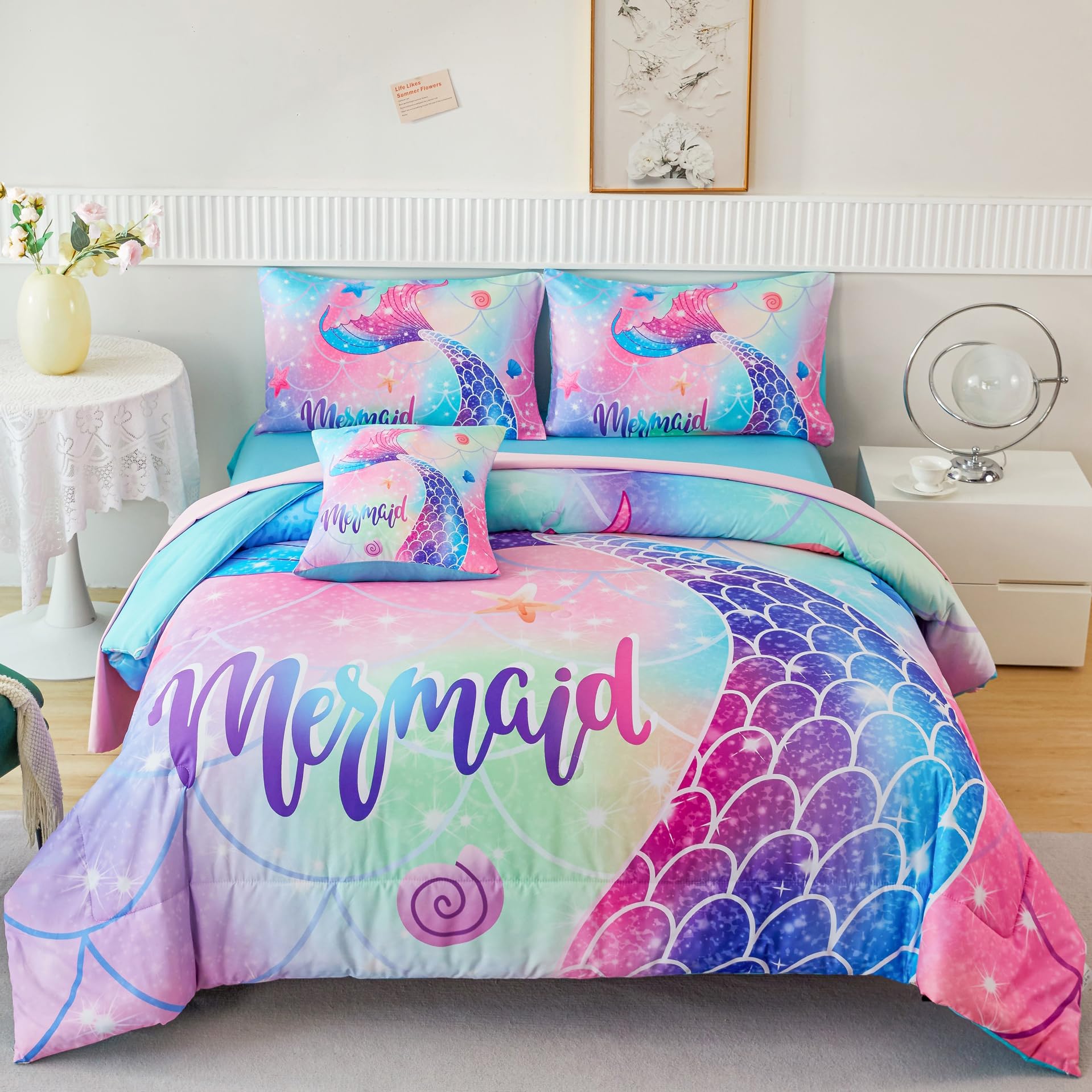 RYNGHIPY Mermaid Twin Girls Bedding Set - Colorful Rainbow Kids Comforter Set with Soft Sheets, 6-Piece Lightweight Teen Bed in a Bag | Perfect for Girls' Room Decor, Birthday Gifts & Sleepovers