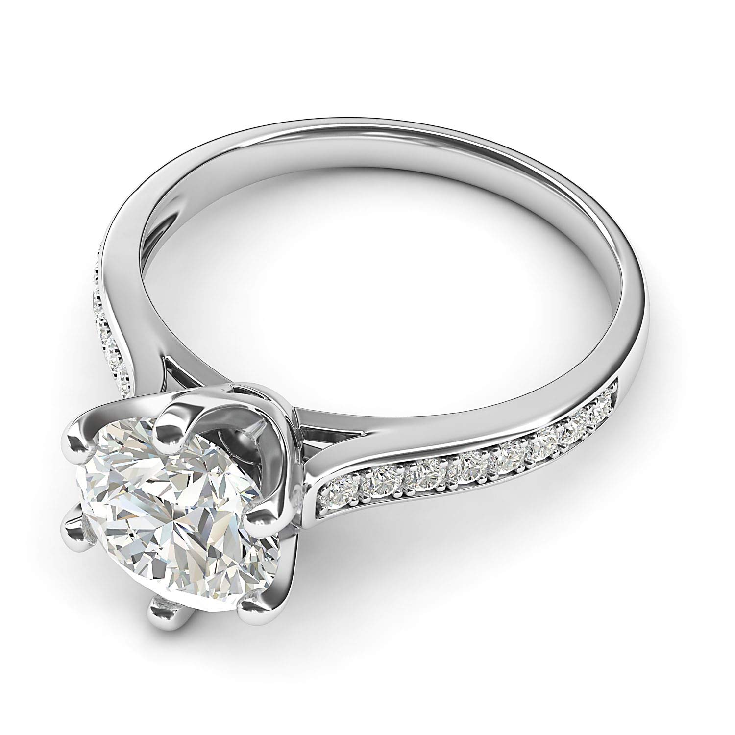 14K White Gold 2 Carat Classic 6-Prong Simulated Diamond or Moissanite Engagement Ring with Side Stones - Elegant Promise Bridal Ring for Proposals, Weddings & Anniversaries