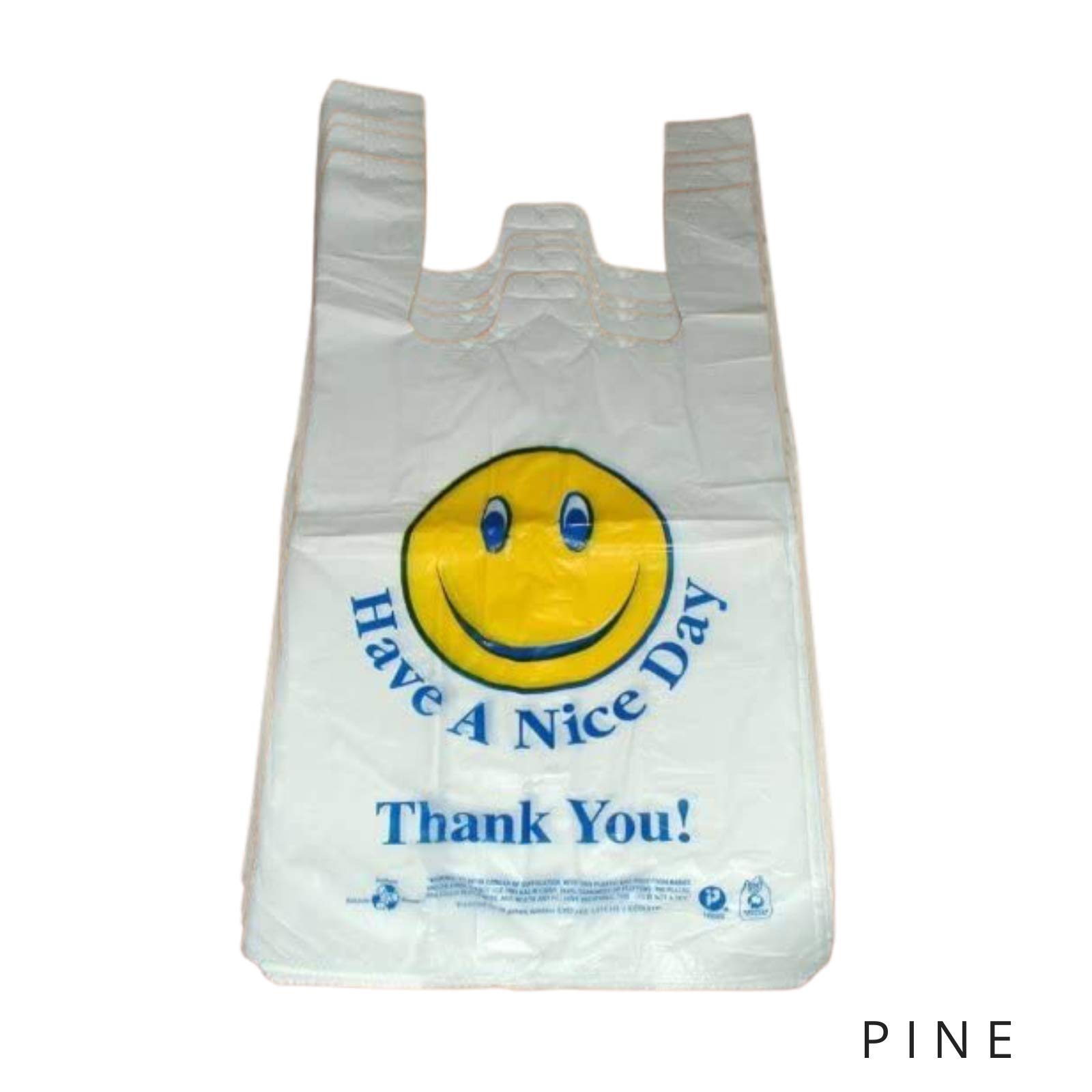 Eco-Friendly Happy Face Pine Shopping Bags - Reusable Heavy Duty Plastic Grocery Bags for Shopping, Market & Gift Carrier | Durable T-Shirt Style Bags | White Pack of 95 | Perfect for Grocery Stores, Retail Shopping & Eco-Conscious Consumers