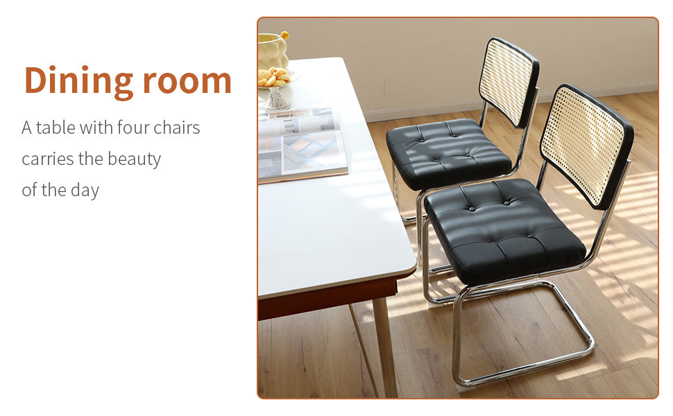 Modern Mid Century Breuer Style Dining Chairs Set of 2 - Faux Leather & Rattan Accent Chairs with Chrome Legs for Living Room, Kitchen, Dining Area - Black Upholstered Side Chairs (2-Piece Set) - Perfect for Small Spaces, Breakfast Nooks and Contemporary Home Decor