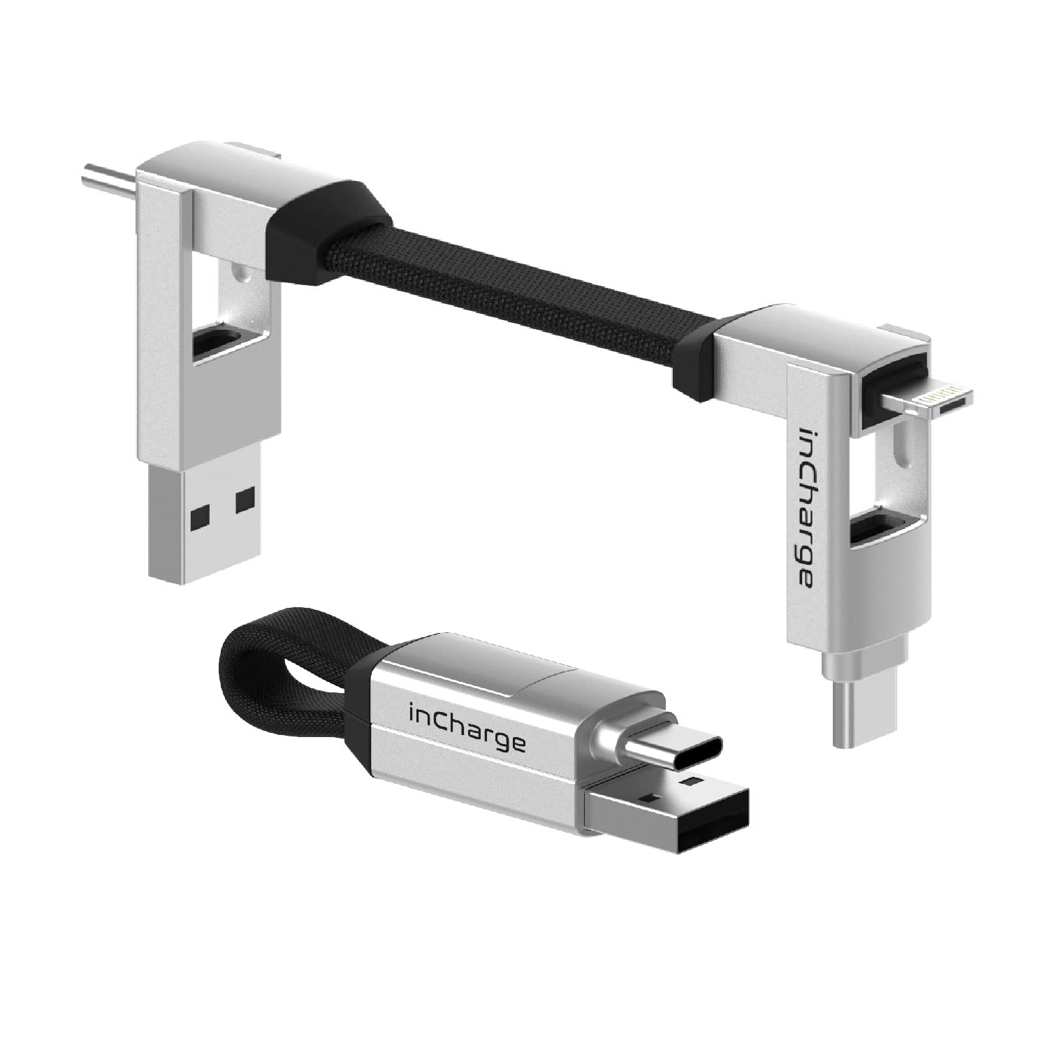 Rolling Square inCharge 6-in-1 Universal Charging Cable - 15W Fast Charger with USB-C & Lightning Connectors for iPhone, Android, iPad (Silver) | Perfect for Travel, Home & Office Use