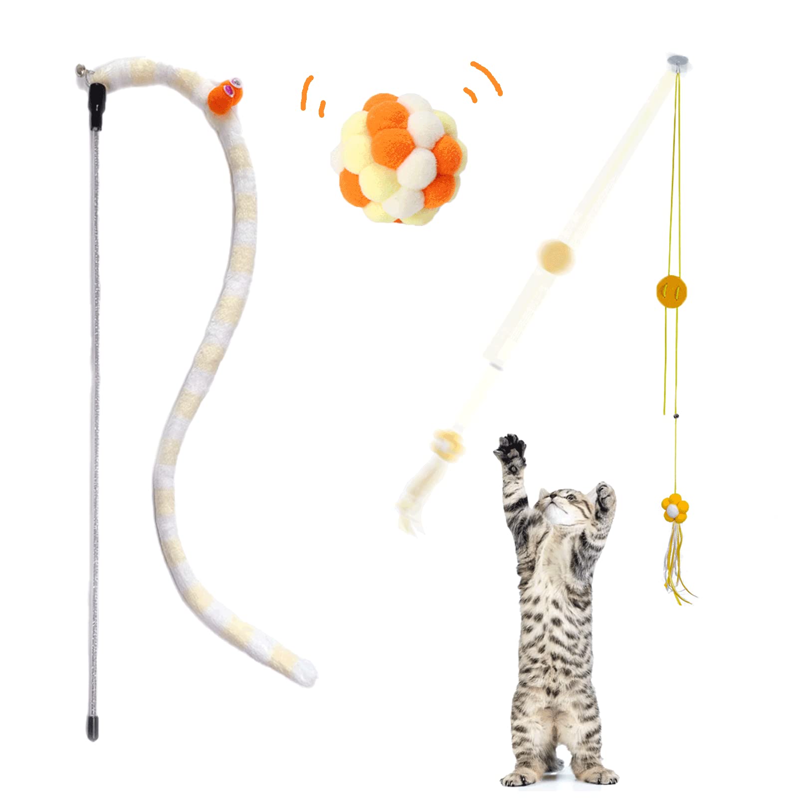 Trumoon 3 Pack Cat Toys Set - Interactive Caterpillar Wand, Hanging Toys & Fuzzy Balls with Bell for Indoor Cats - Perfect for Play, Chase & Exercise - Great for Kittens & Adult Cats (Home, Office, Pet Parties)