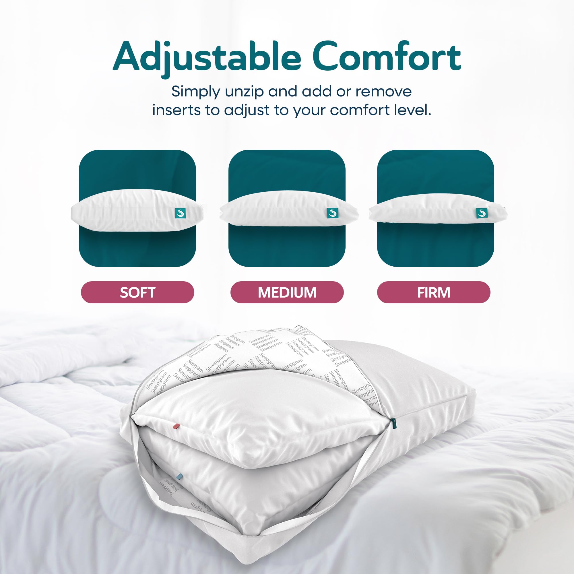 Sleepgram 2 Pack Cooling Pillows for Side, Back & Stomach Sleepers - King Size Bed Pillows with Removable Washable Cover - Perfect for Hot Sleepers & Night Sweat Relief
