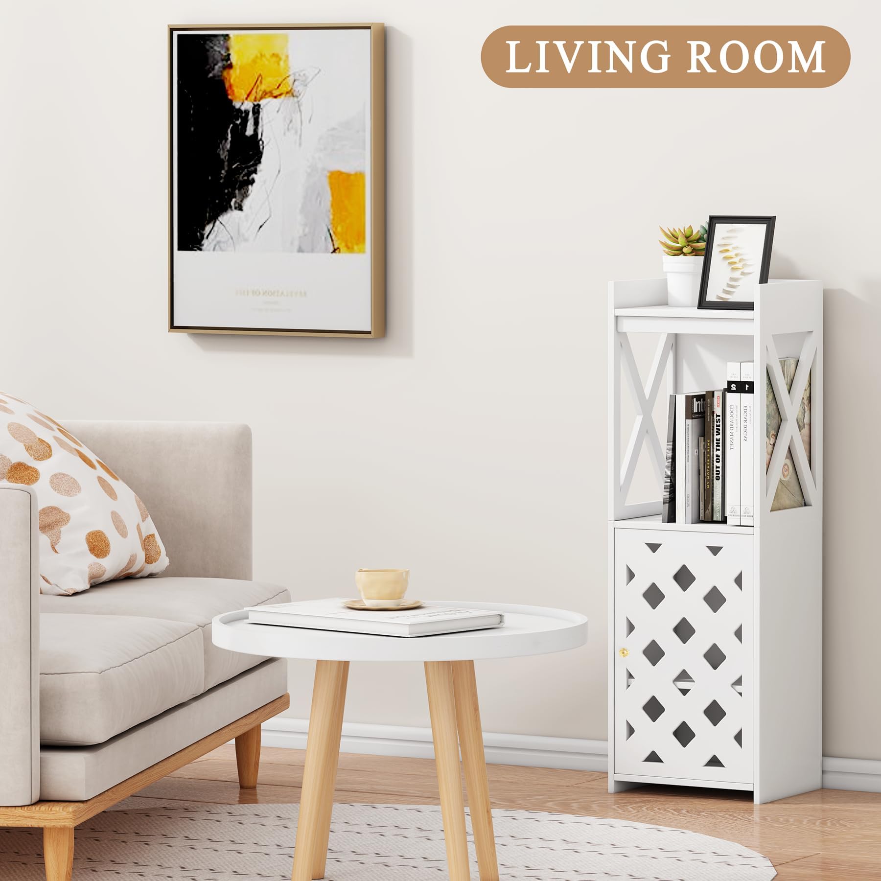 BYFU White Freestanding Bathroom Storage Cabinet with Door & Open Shelf - Narrow Space Organizer for Bathroom, Kitchen, Living Room | Perfect for Small Spaces, Apartment Storage & Home Organization
