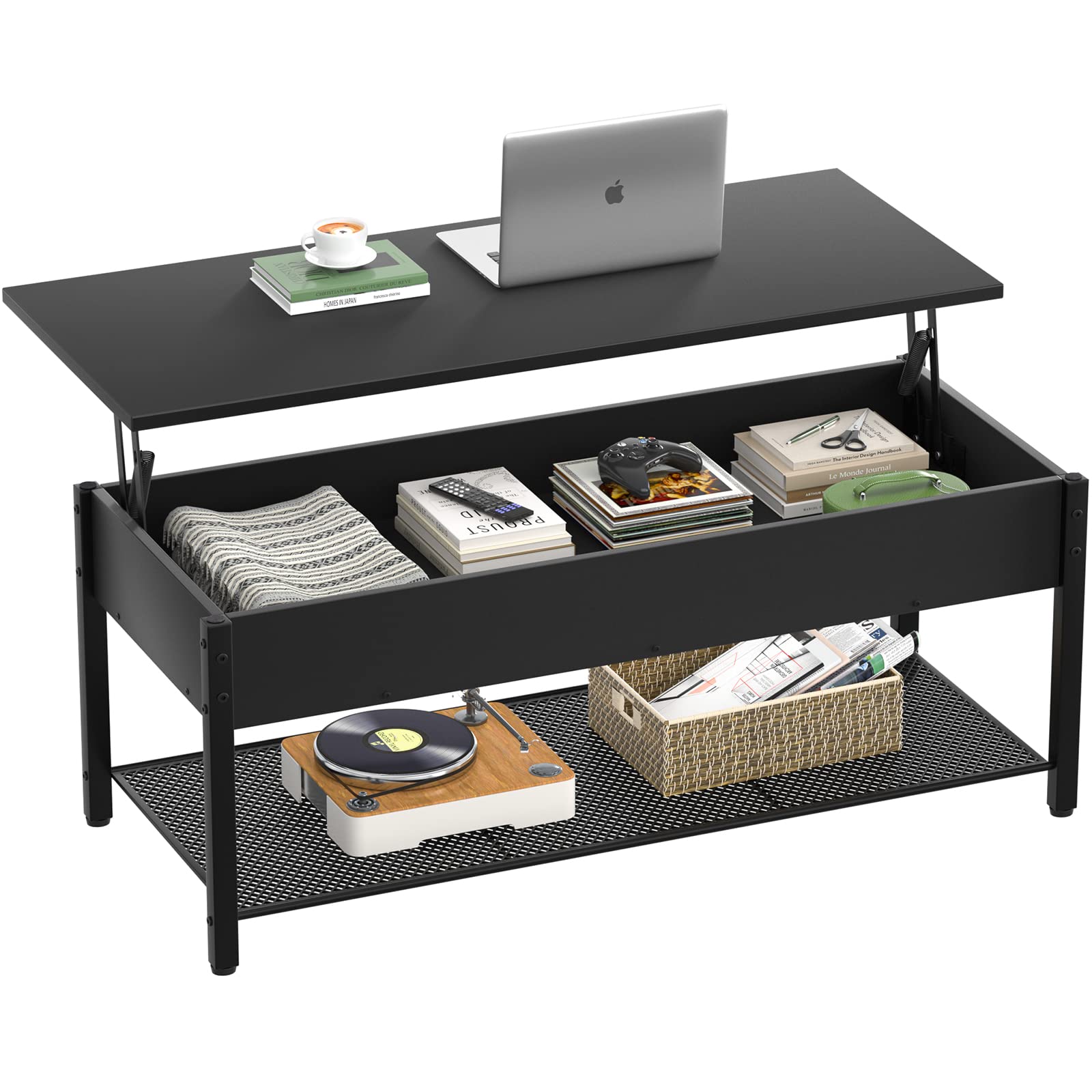 Homieasy Lift Top Coffee Table with Storage Shelf & Hidden Compartment - Modern Wood Lift Tabletop with Metal Frame for Living Room - Perfect for Small Spaces, Home Office & Entertaining Guests (Black)