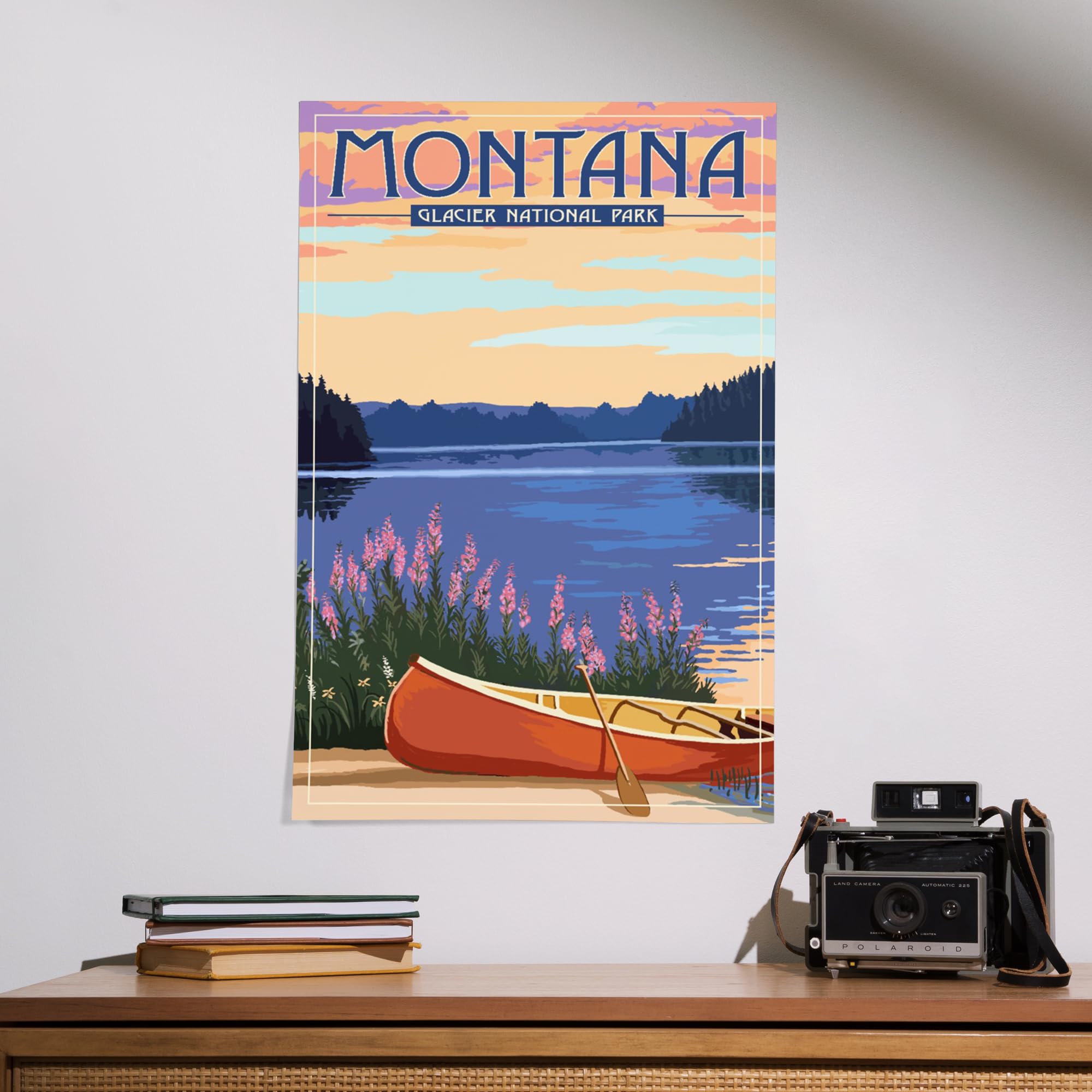Lantern Press 16x24 Inch Giclee Art Print - Glacier National Park Montana Landscape with Canoe on Lake | Wall Decor for Living Room, Bedroom & Office