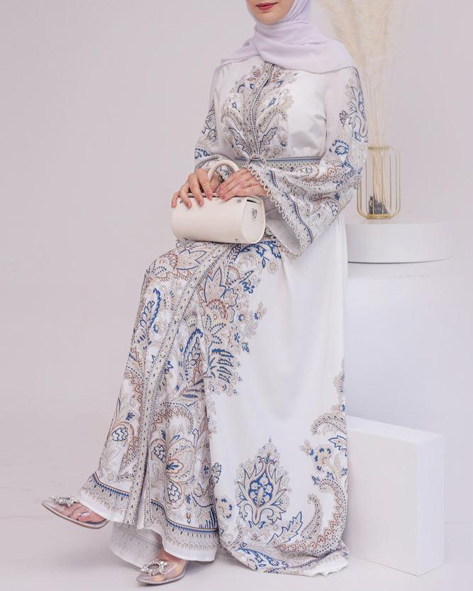 White Garden Women's Casual Boho Floral Print Maxi Dress - High Neck Long Sleeve High Waist Belt for Spring Summer - Perfect for Beach Vacations, Date Nights & Boho Festivals
