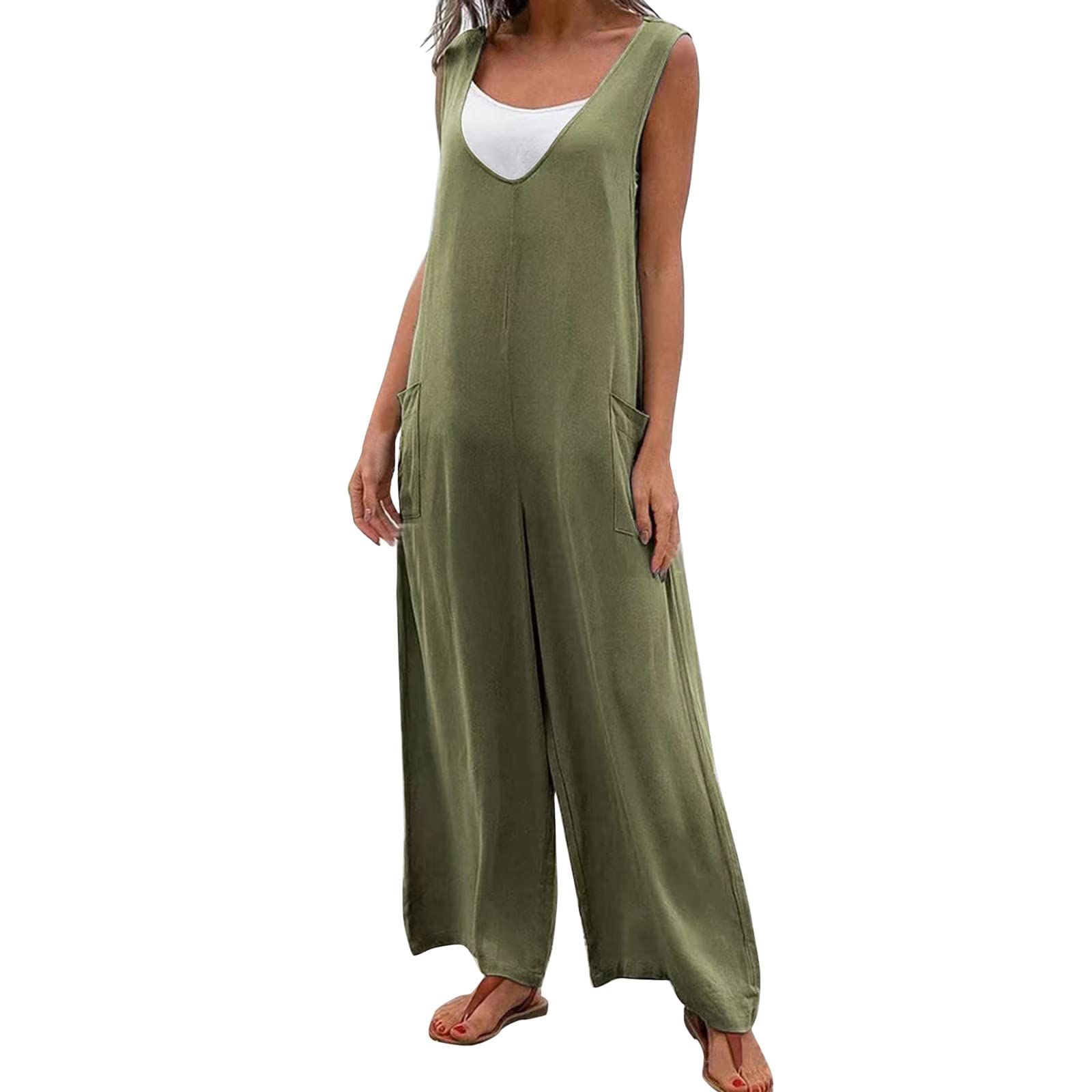 Women's Summer Wide Leg Jumpsuit - Sleeveless V-Neck Casual Loose Romper Comfy Baggy Tank Top (Green, Size S) | Perfect for Beach, Vacation & Everyday Wear