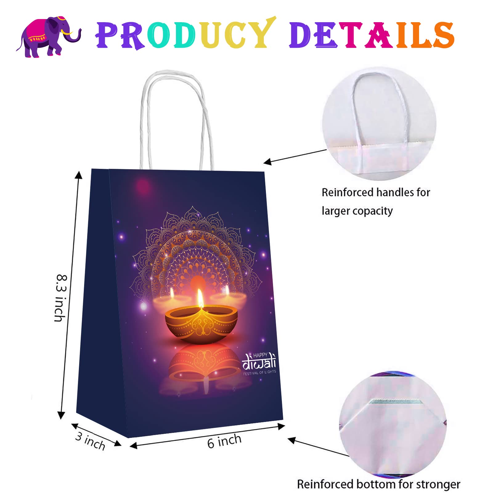 16 Pack Diwali Paper Gift Bags - Happy Diwali Decorative Bags for Candy, Gifts & Party Favors | Eco-Friendly Festival Decorations for Home, Office & Indian Celebrations