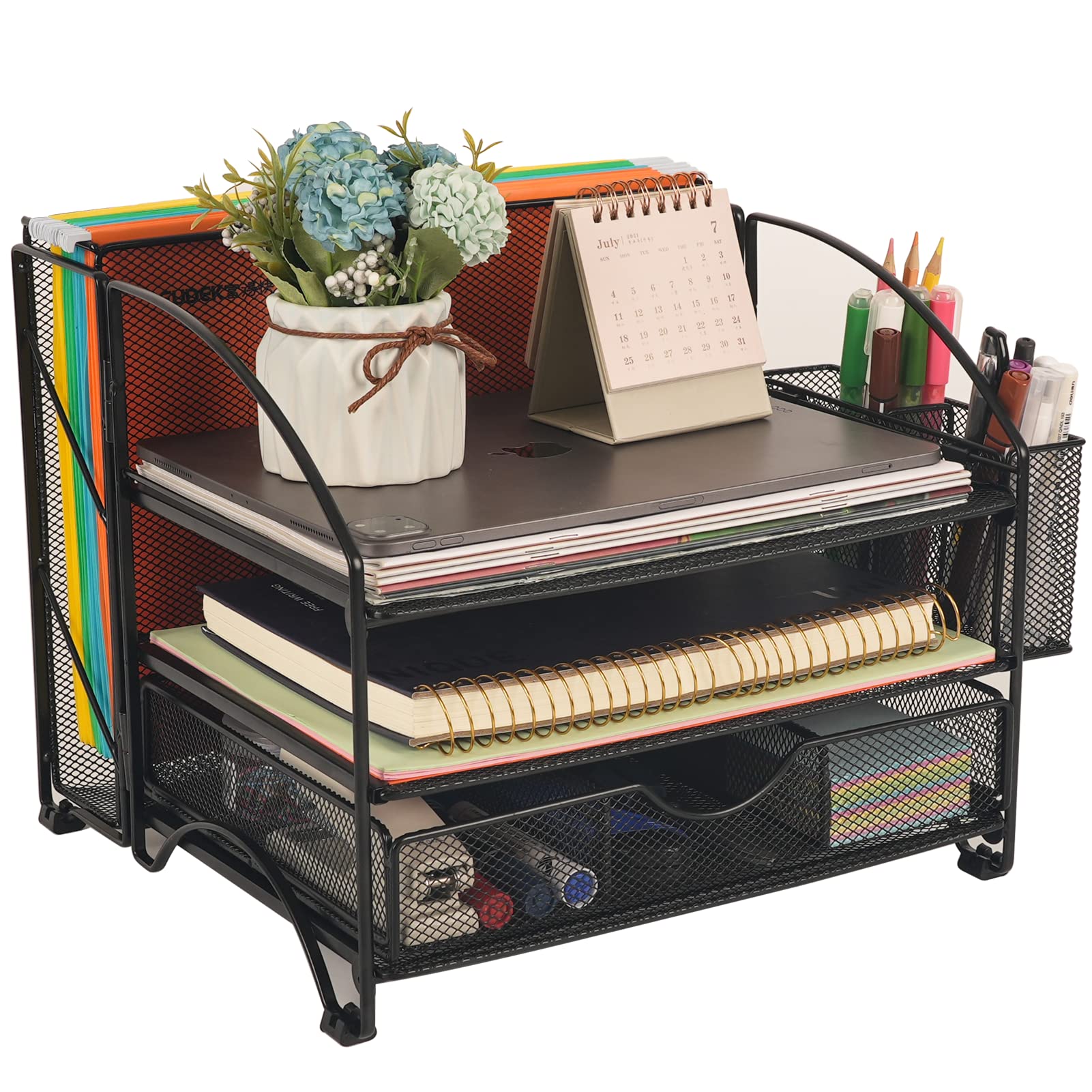 Samstar Desk File Organizer - Multi-Functional Vertical Paper Letter Tray with Pen Holders for Hanging File Folders | Black Office Organizer for Home & Office Workspace