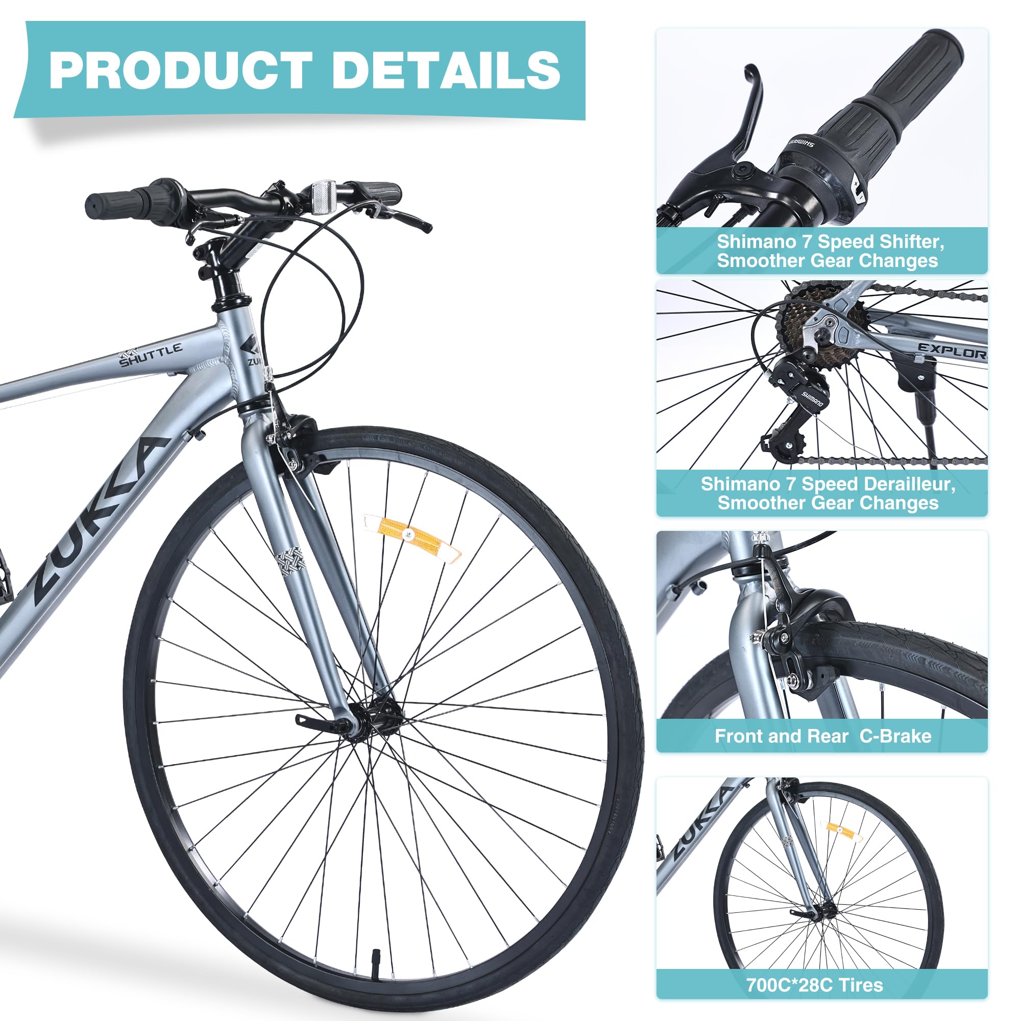 700C Hybrid Road Bike - 28 Inch Flat Handlebar Bicycle with 7-Speed Gears, Lightweight Aluminum Alloy Frame & C-Brakes - 700x28C Tires for Men & Women - Perfect for Commuting, Fitness Riding and Urban Adventures