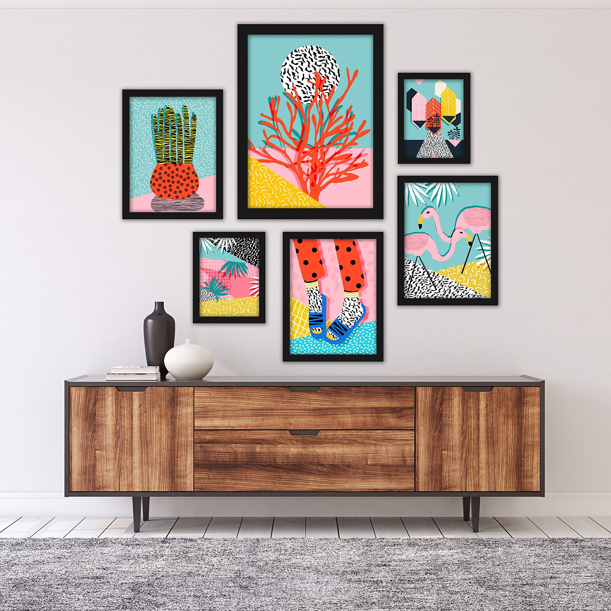 Americanflat Framed Gallery Wall Art Set - 6 Piece Funky Modern Tropical Black Framed Art Prints for Living Room, Bedroom & Office Decor | Vibrant Home Wall Decorations