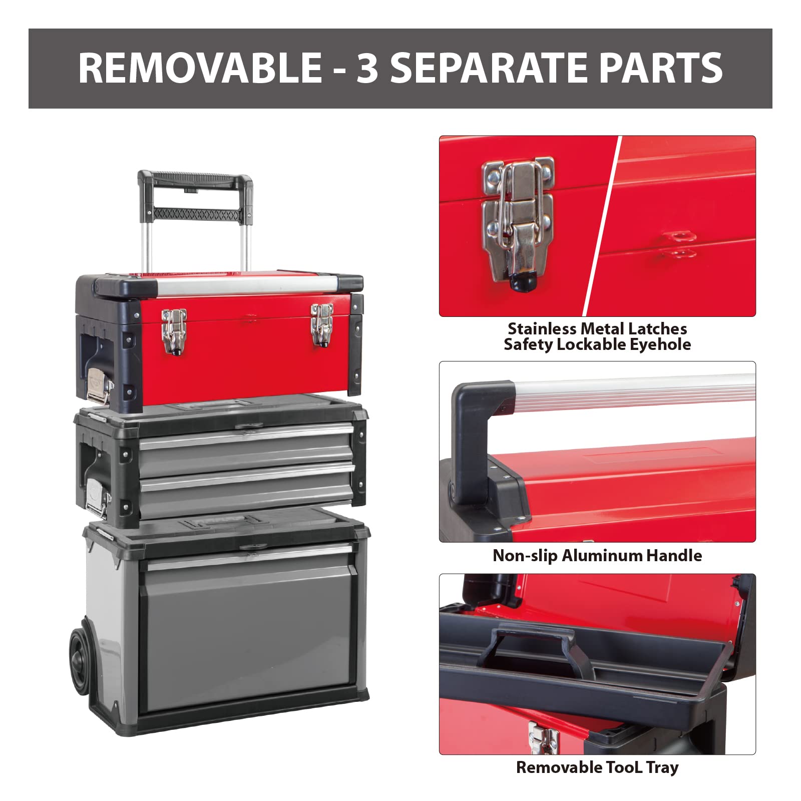 BIG RED Stackable Portable Metal Tool Box Organizer with Wheels & 2 Drawers - Rolling Upright Trolley Tool Chest for Garage, Workshop, or DIY Projects - Heavy Duty Tool Storage Solution - Perfect for Mechanics, Carpenters, and Home Improvement (Red, ATRJF-C305ABDR)