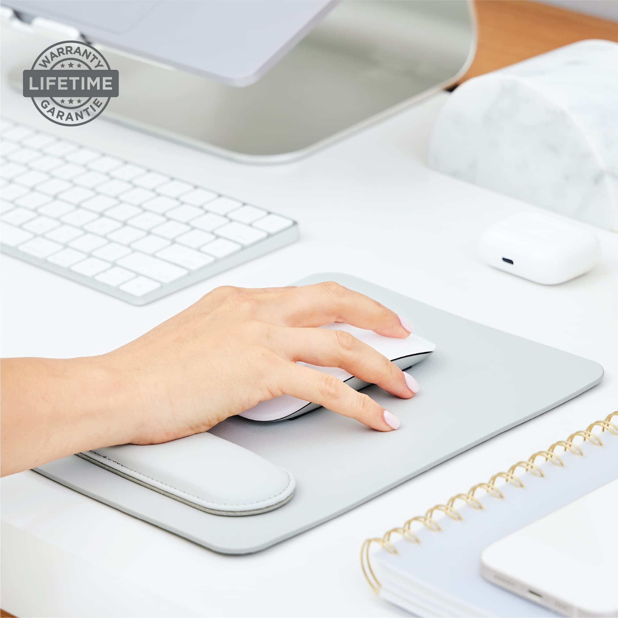 Vegan Leather Silver Gray Mouse Pad with Removable Magnetic Wrist Support & Anti-Slip Base - Ergonomic Desk Accessory for Office & Gaming - Perfect for Men & Women Working Long Hours at Computer