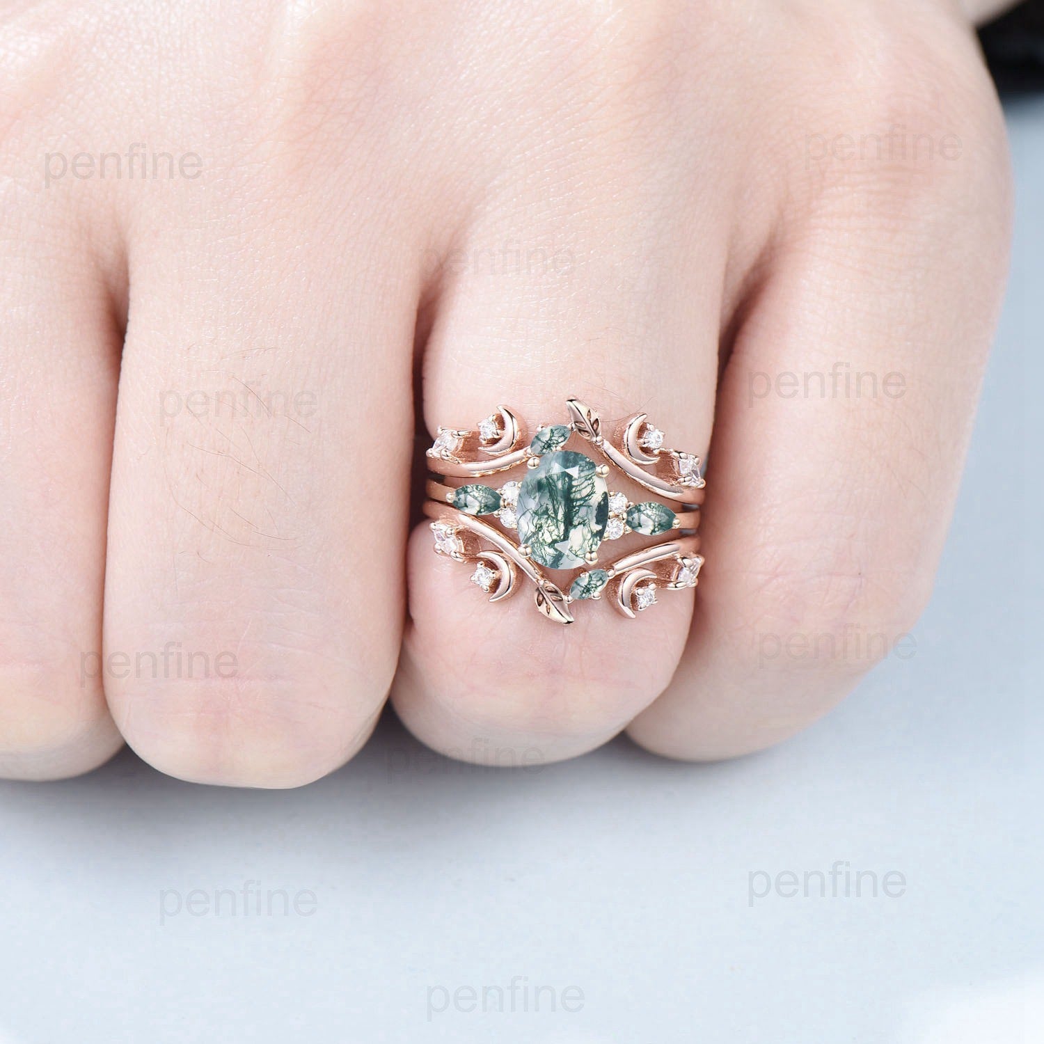 1.5CT Natural Oval Moss Agate Engagement Ring Set with Marquise Aquatic Agate Moon Wedding Ring - Nature Inspired Double Leaf Stacking Bridal Jewelry Set for Women, Perfect for Engagement, Wedding, Anniversary & Special Occasions