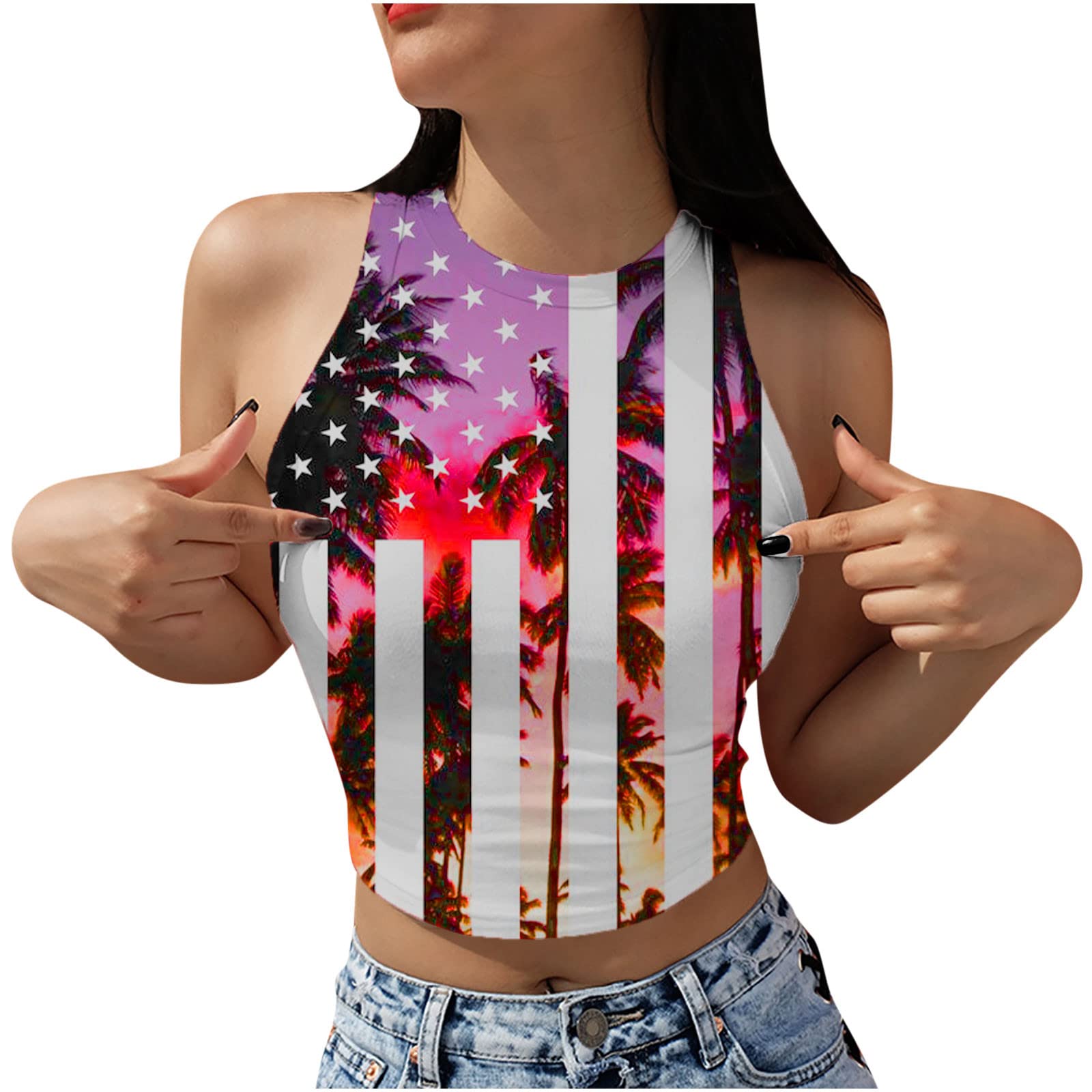 Ylioge Women's 4th of July Fashion Crop Tops - Patriotic Stars & Stripes Printed Bodycon Tank Tops for Summer, Beach, Parties & Independence Day Celebrations