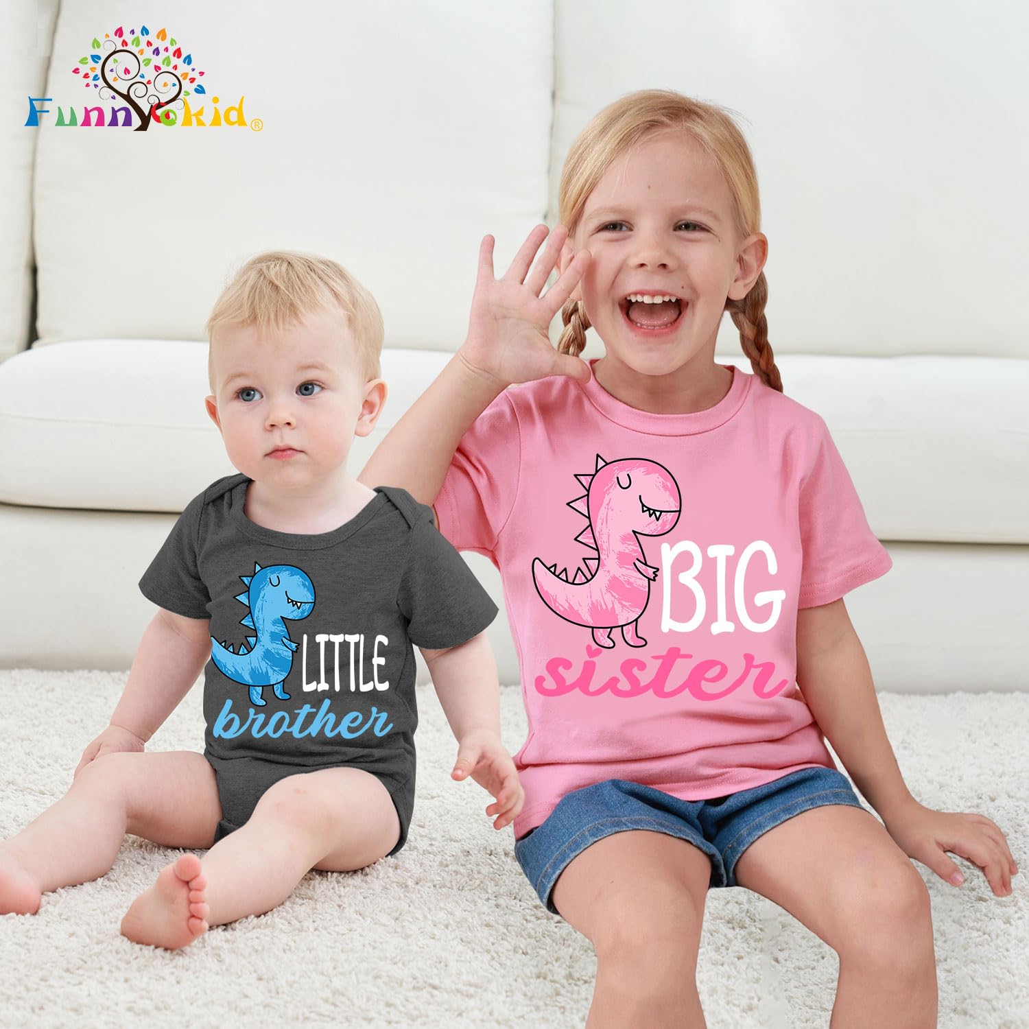 Funnycokid Big Sister Little Brother Matching Outfits - Toddler Girl Shirt & Newborn Boys Clothes Set - Sibling Photo Shoot, Family Matching Outfits, Twin Coordination