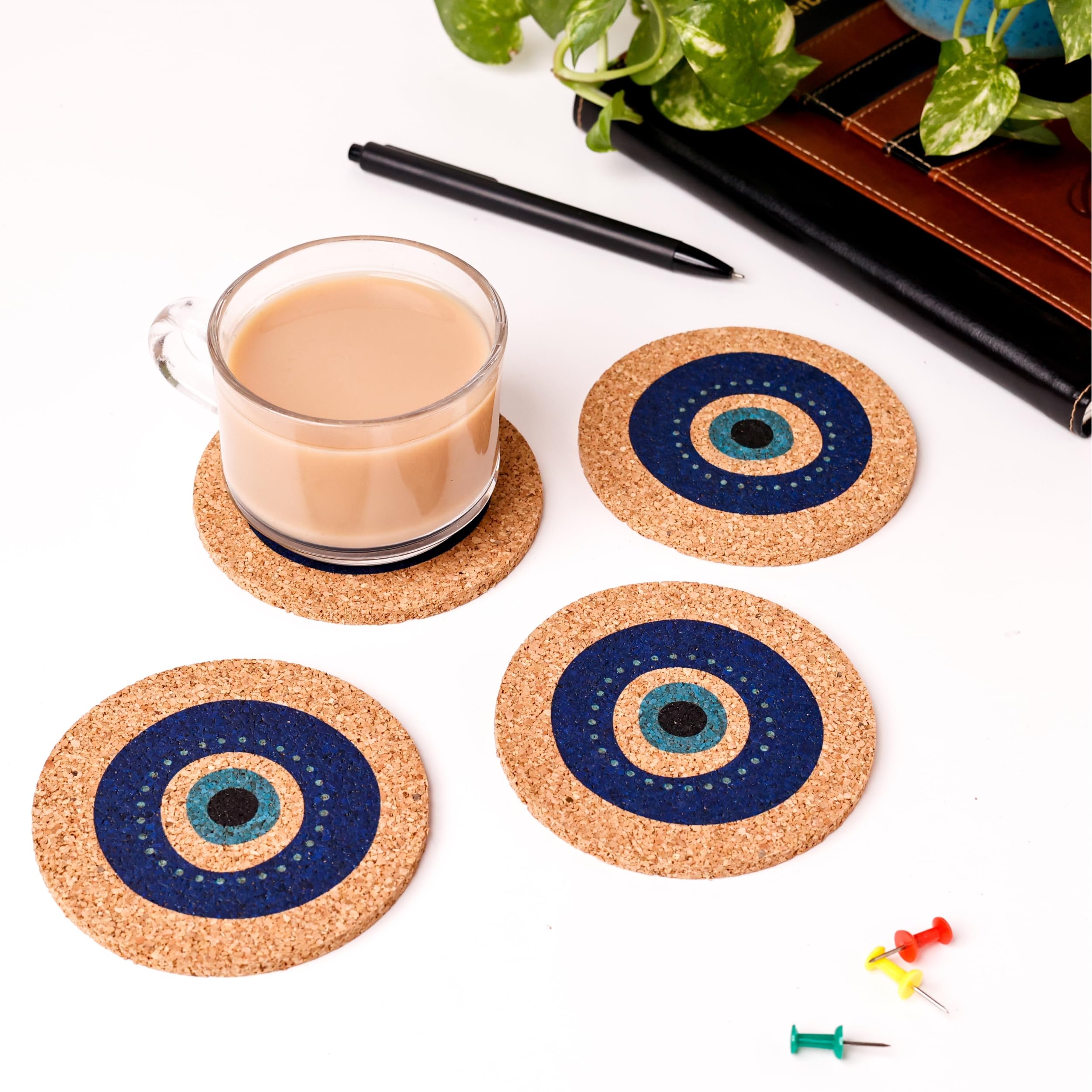 Evil Eye Cork Coasters Set of 4 - 5mm Thick Round Drink Coasters (4