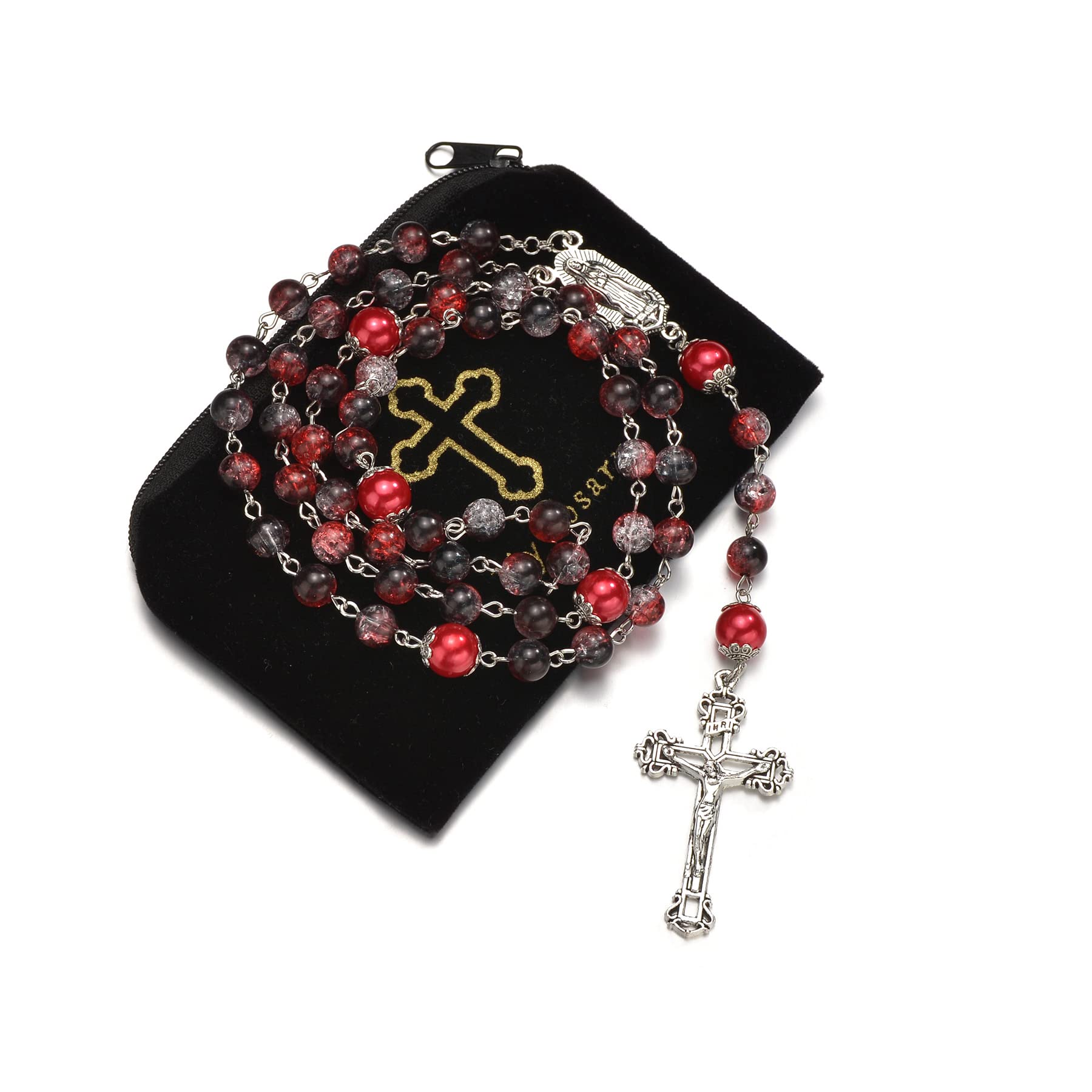 8mm Crystal Glass Beads Catholic Rosary Necklace with Guadalupe Medal - Red Beaded Religious Jewelry for Women & Girls - Christian Gift Set in Velvet Pouch (Perfect for Prayer, Worship & Faith-Based Occasions)