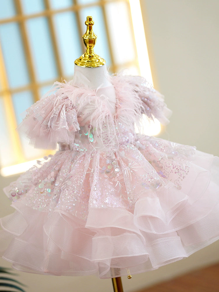 Pink Princess Round Tea Length Organza Flower Girl Dress for Weddings, Parties & Special Occasions