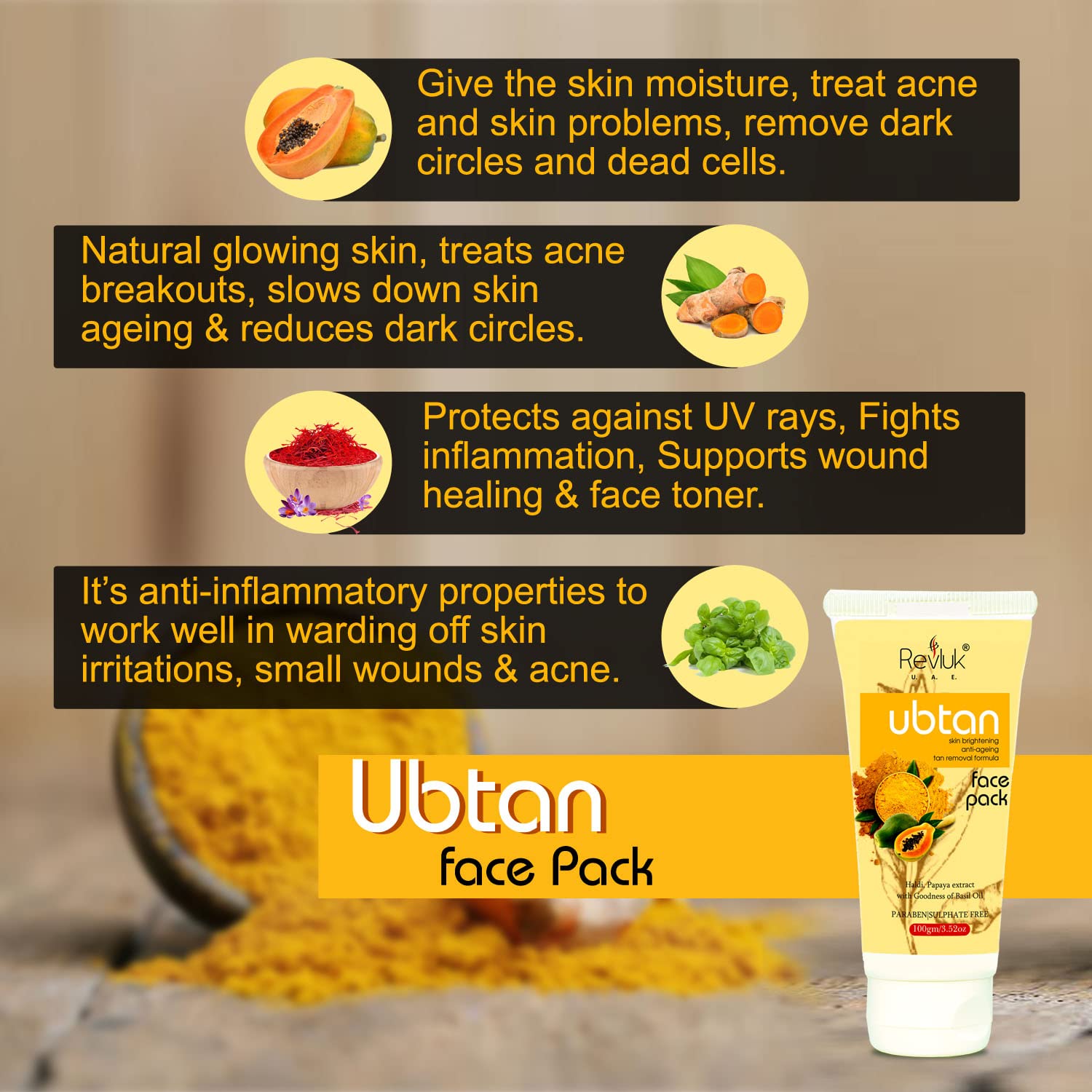 Revluk UBTAN Face Pack for Tan Removal, Oil Control, Acne & Pimples Treatment – 100gm Detan & Brightening Facial Mask for Glowing Skin | Perfect for Daily Skincare & Post-Sun Care Routine