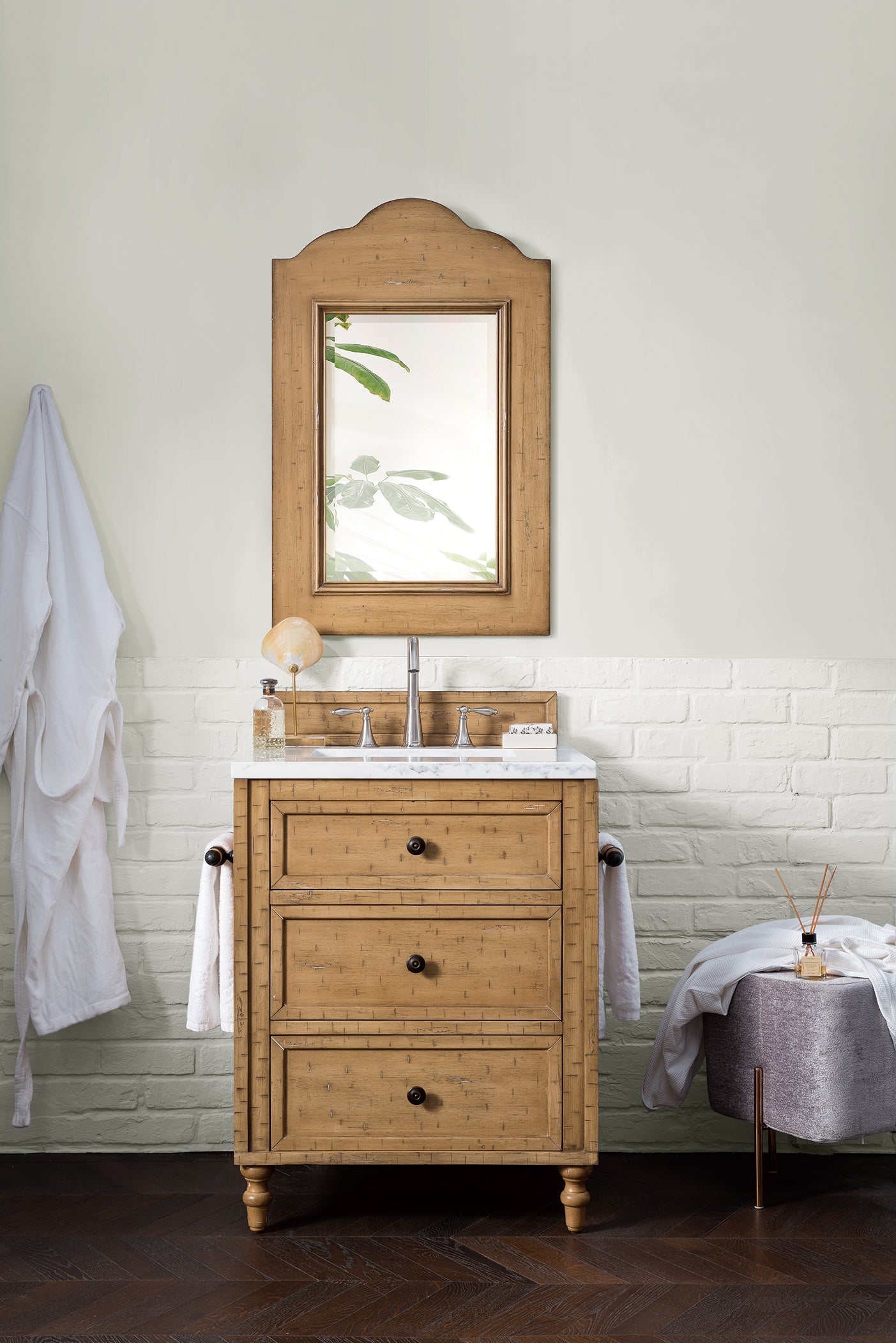 Copper Cove 26 Inch Driftwood Patina Bathroom Vanity with 3CM Arctic Fall Solid Surface Top - Modern Single Sink Vanity for Small Bathrooms & Powder Rooms