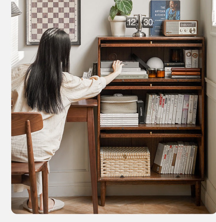 Solid Black Walnut & Oak Wood Glass Flip Door Bookcase - Modern Side Cabinet for Living Room, Office & Bedroom Storage