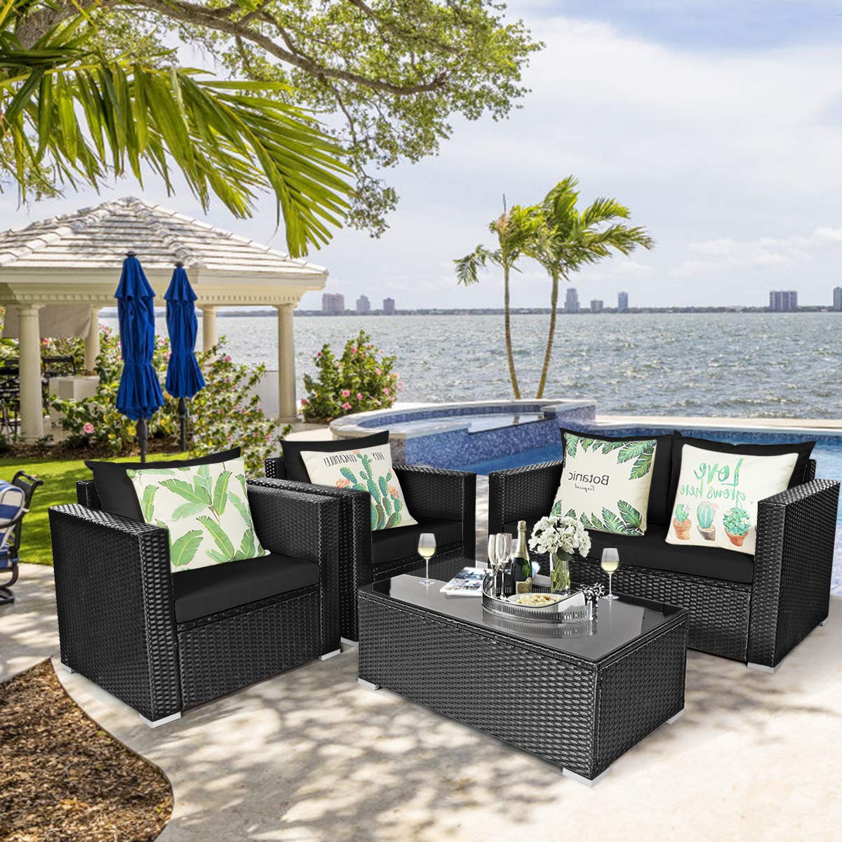 HappyGrill 4-Piece Outdoor Patio Conversation Set - Rattan Wicker Sofa with Tempered Glass Table & Removable Cushions - Perfect for Garden, Backyard, Poolside, and Outdoor Relaxation