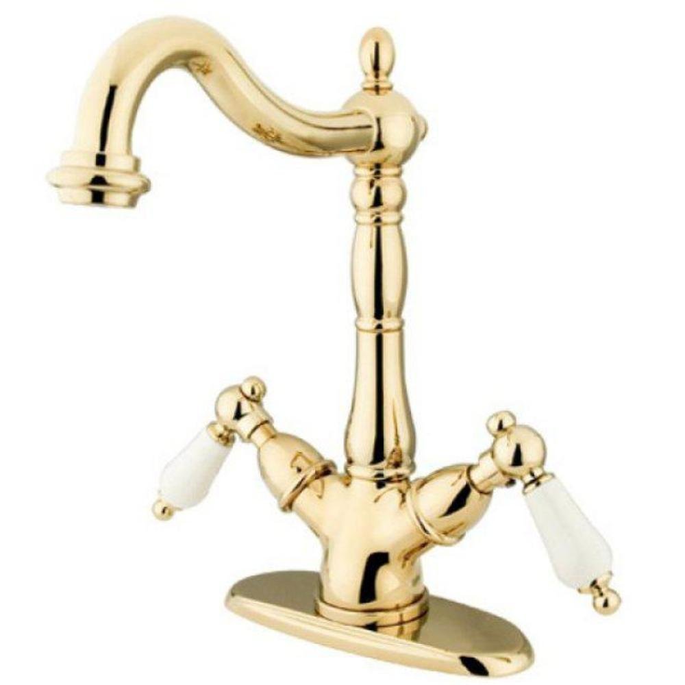 Heritage Double Handle Vessel Sink Faucet - Polished Brass Finish for Bathroom Vanity | Modern Waterfall Spout Design | Perfect for Farmhouse, Rustic & Traditional Bathroom Decor