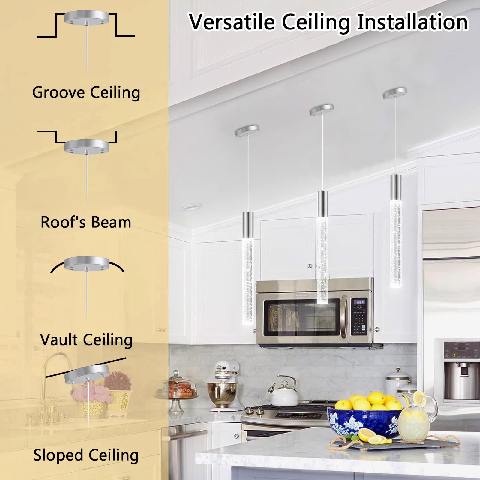 3 Pack Modern Dimmable LED Pendant Lights for Kitchen Island - Silver Hanging Light Fixtures for Dining Room, Bedroom & Living Room | Energy Efficient Lighting for Home Decor