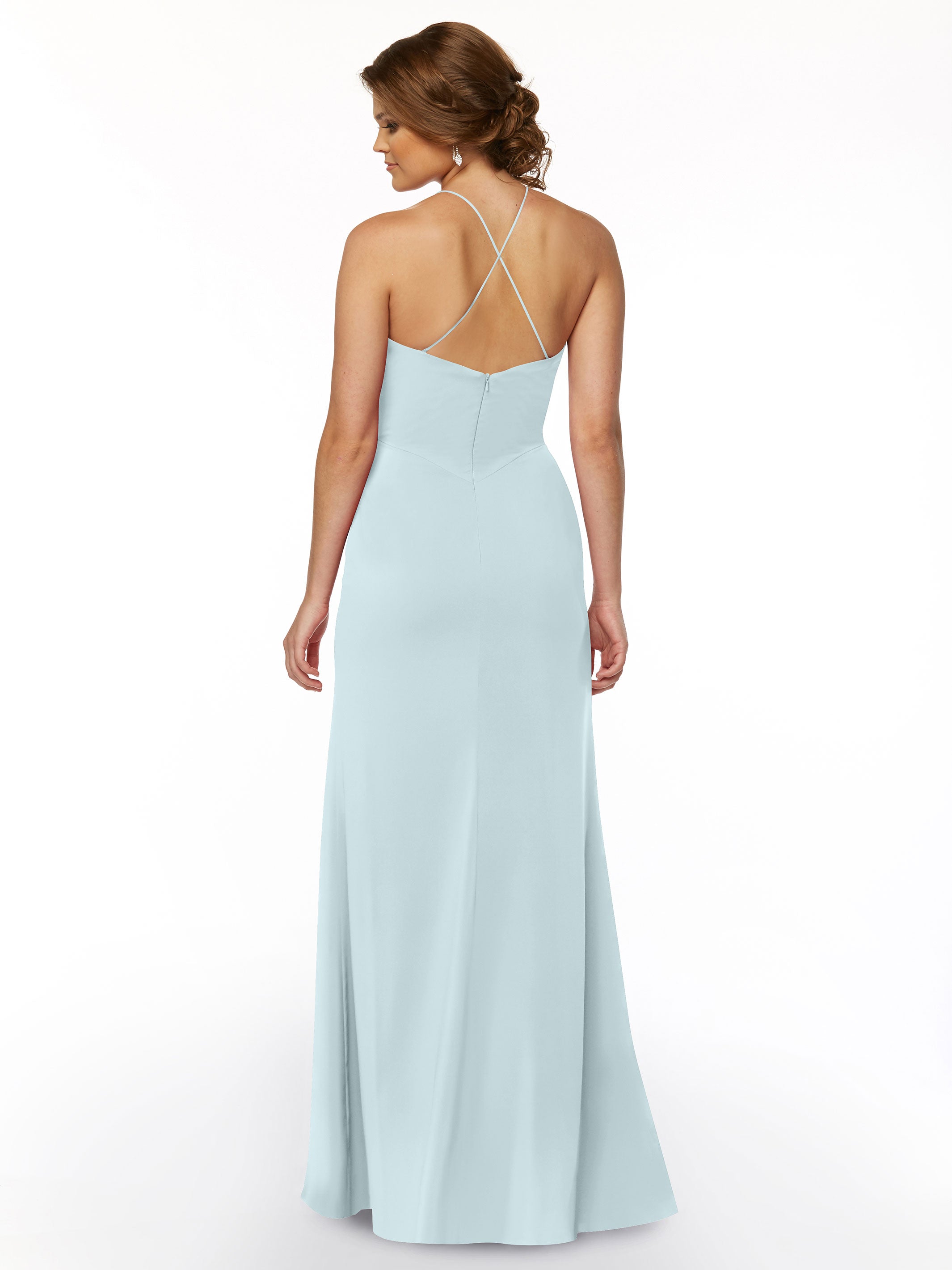 Elegant 83026 Sheath Stretch Chiffon Bridesmaid Dress with Halter Neckline & High Slit - Perfect for Weddings, Formal Events & Evening Parties