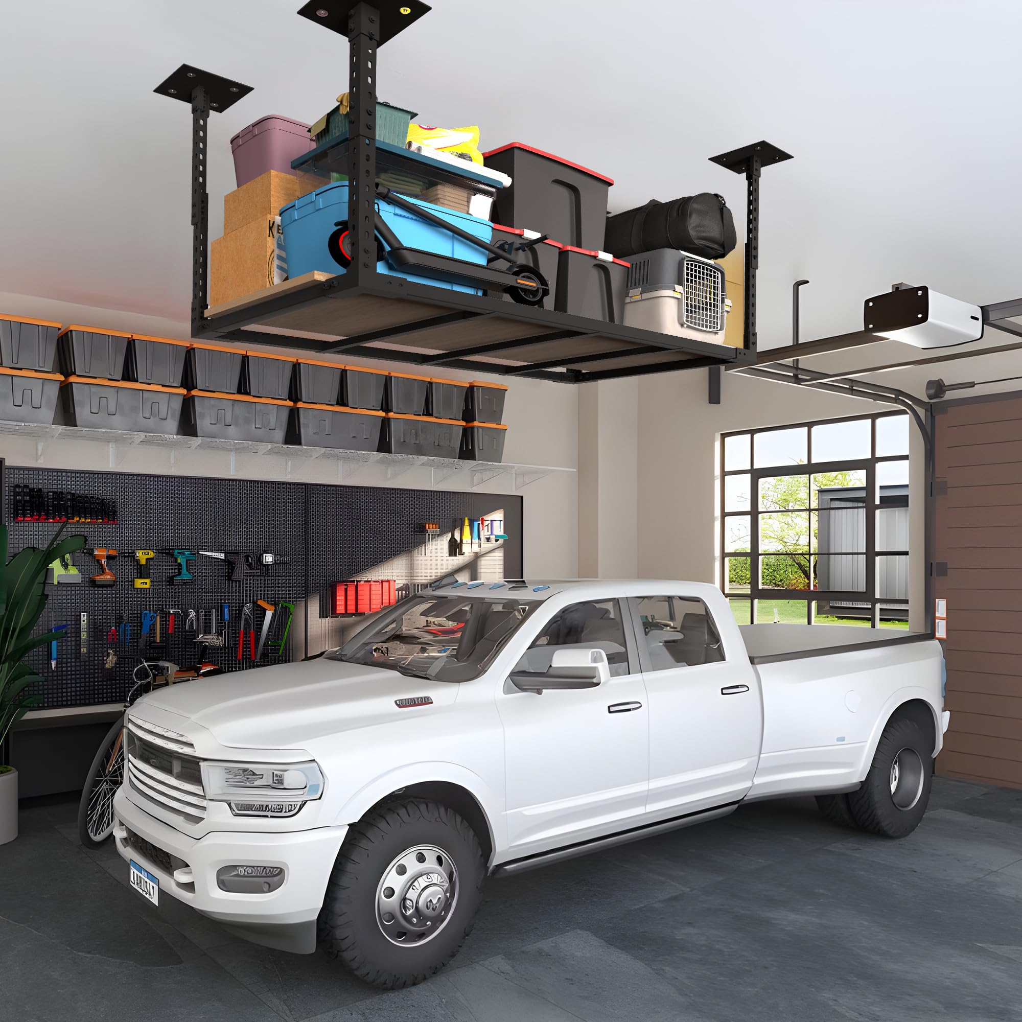 2×4' Heavy Duty Overhead Garage Storage Rack - Adjustable Ceiling Shelving System with 1100 lbs Capacity - Black (Bottomless) - Perfect for Organizing Tools, Sports Gear & Seasonal Items